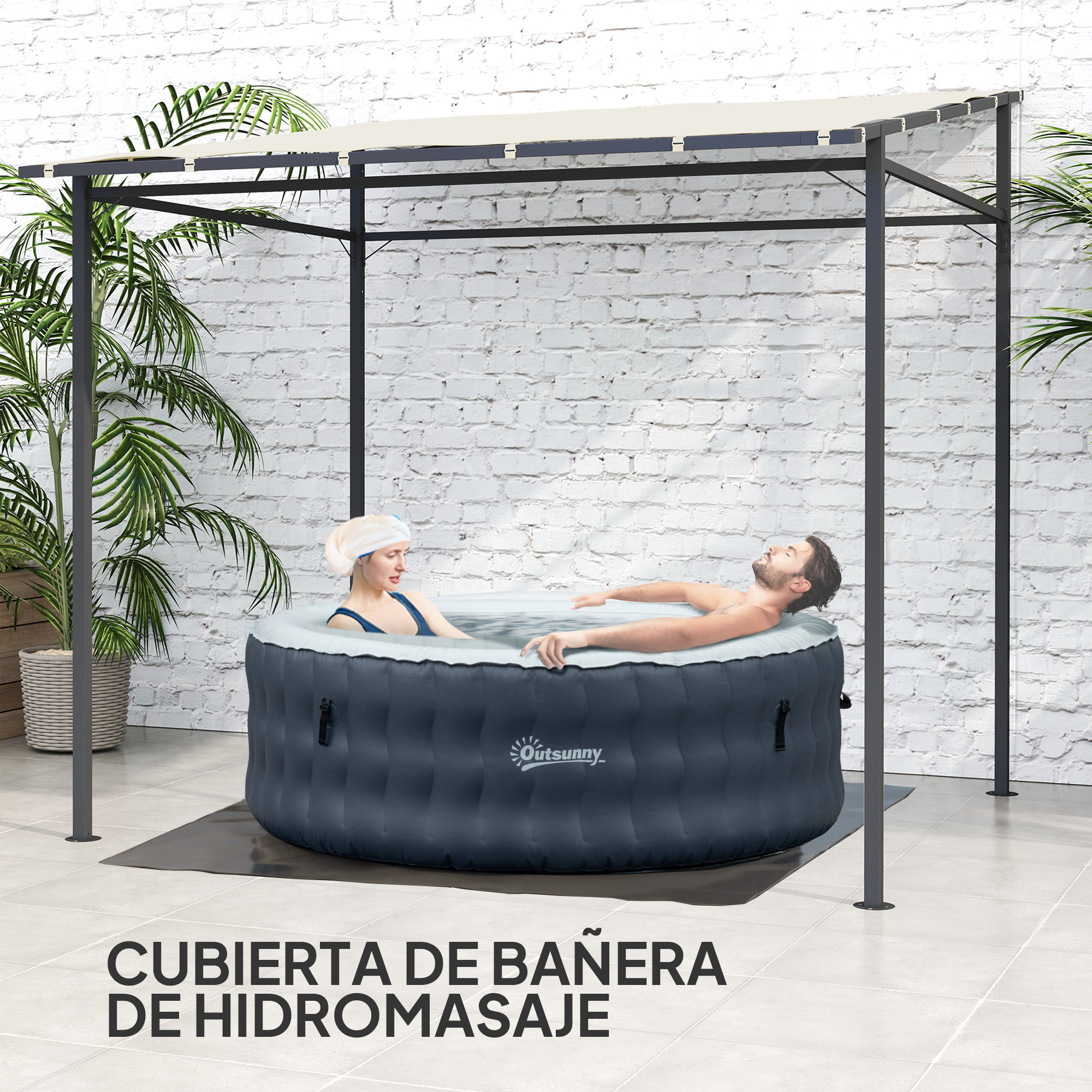 Un hombre y una mujer se relajan en un jacuzzi inflable bajo un dosel.