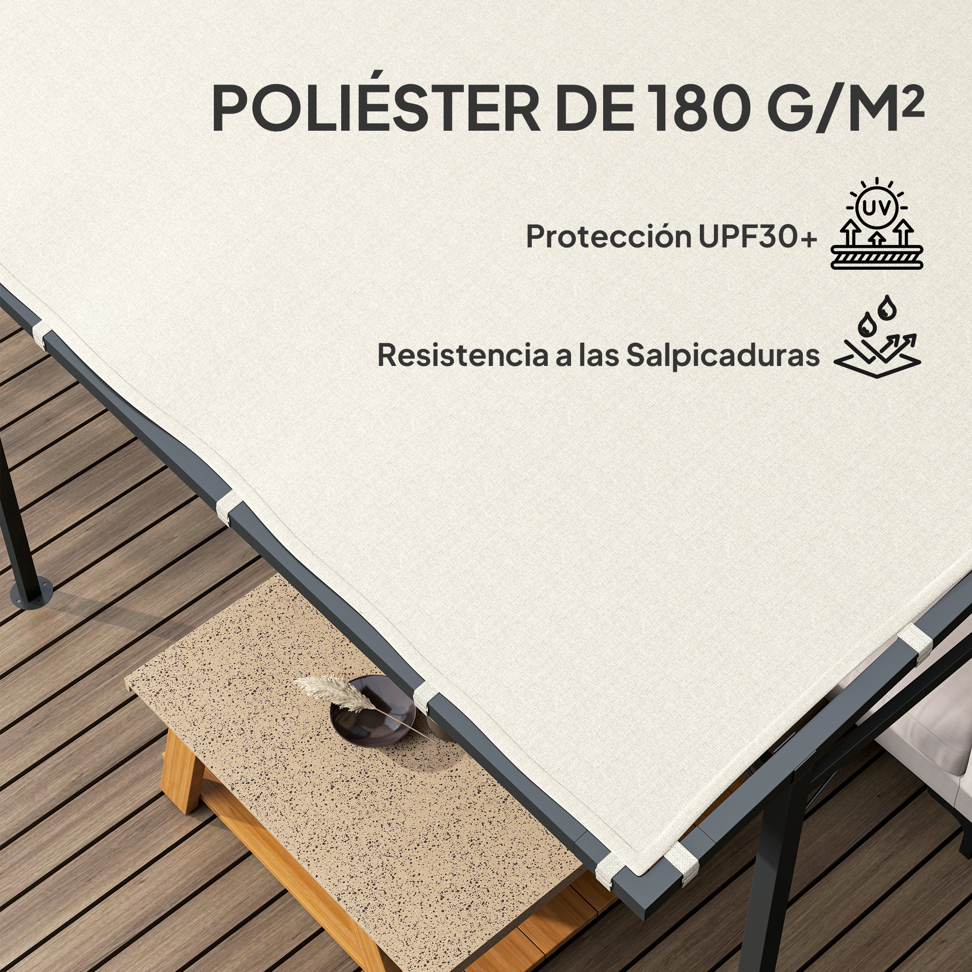 Tela de toldo beige con marco de metal sobre cubierta de madera, con iconos de protección UV y salpicaduras.