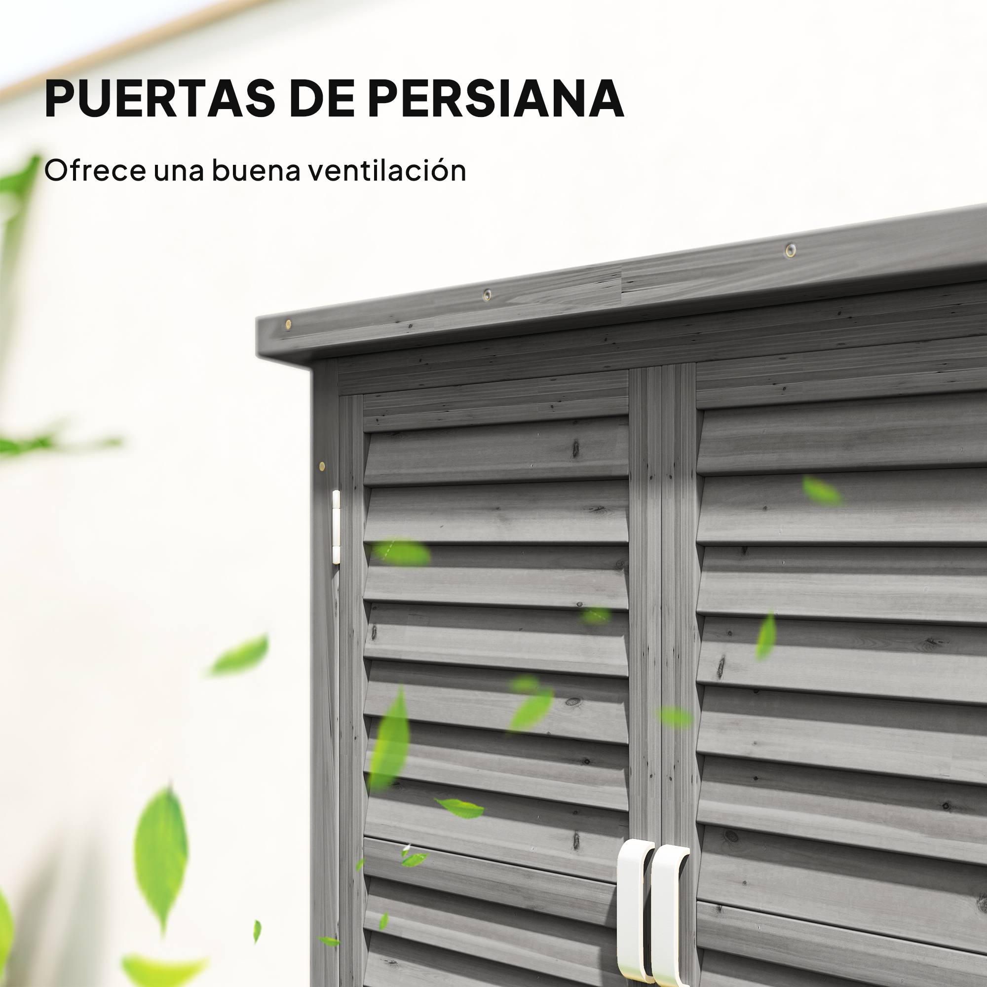 Puertas de madera grises con lamas, manijas blancas y hojas verdes.