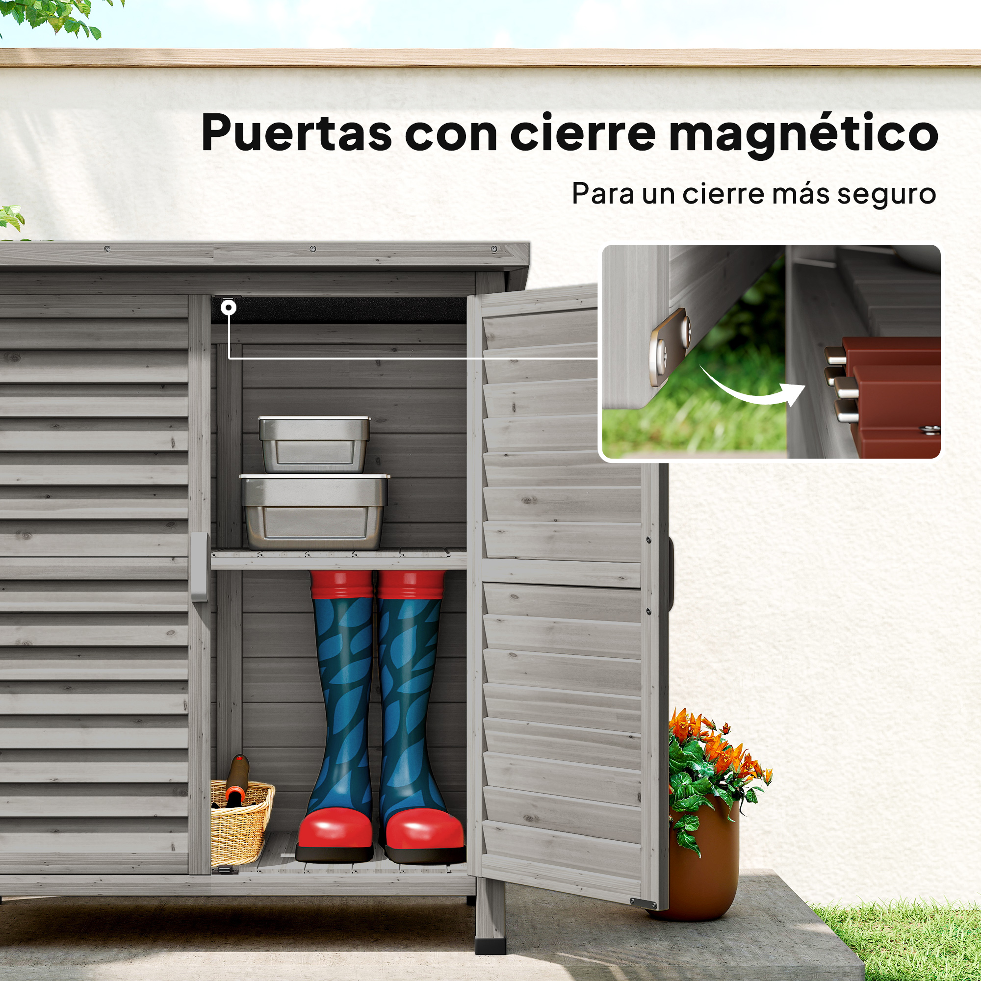 Cobertizo de madera gris con puertas abiertas, botas, contenedores y flores.