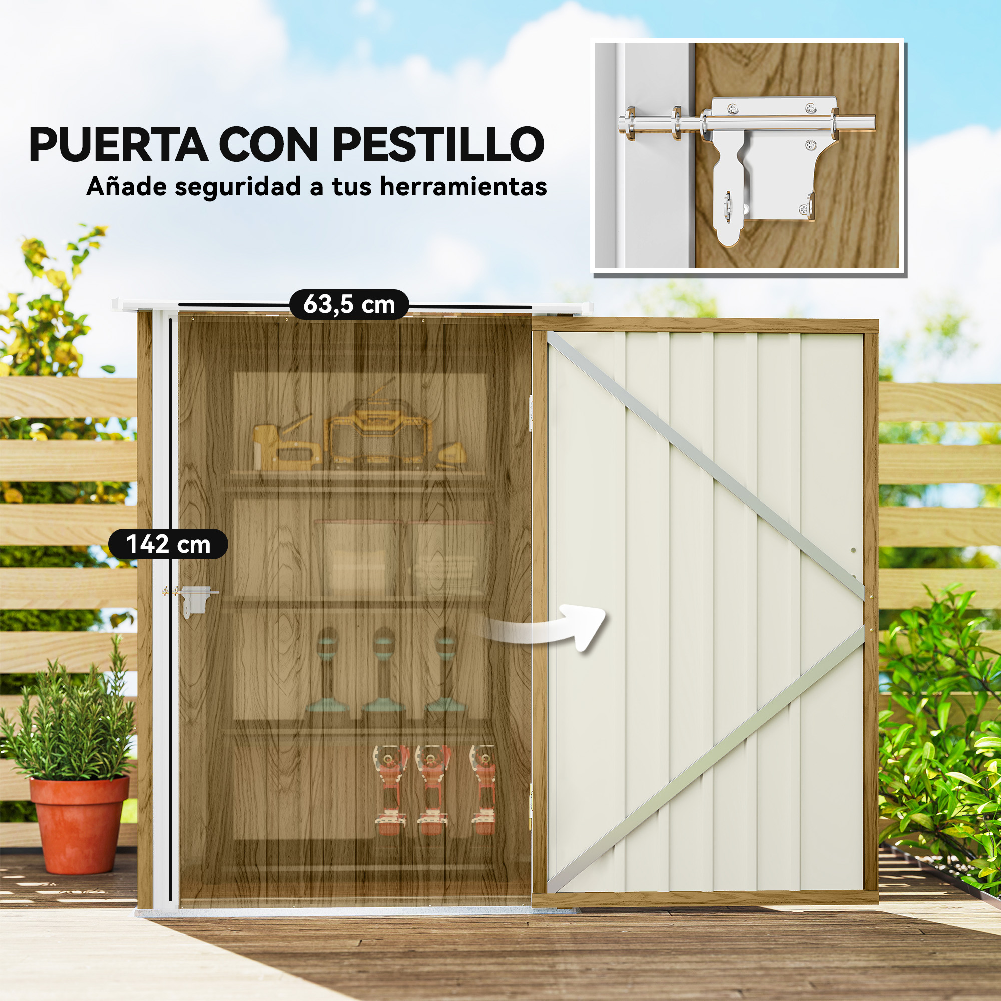 Un cobertizo con puerta abierta, herramientas y vasos dentro. Una planta está afuera en la terraza.