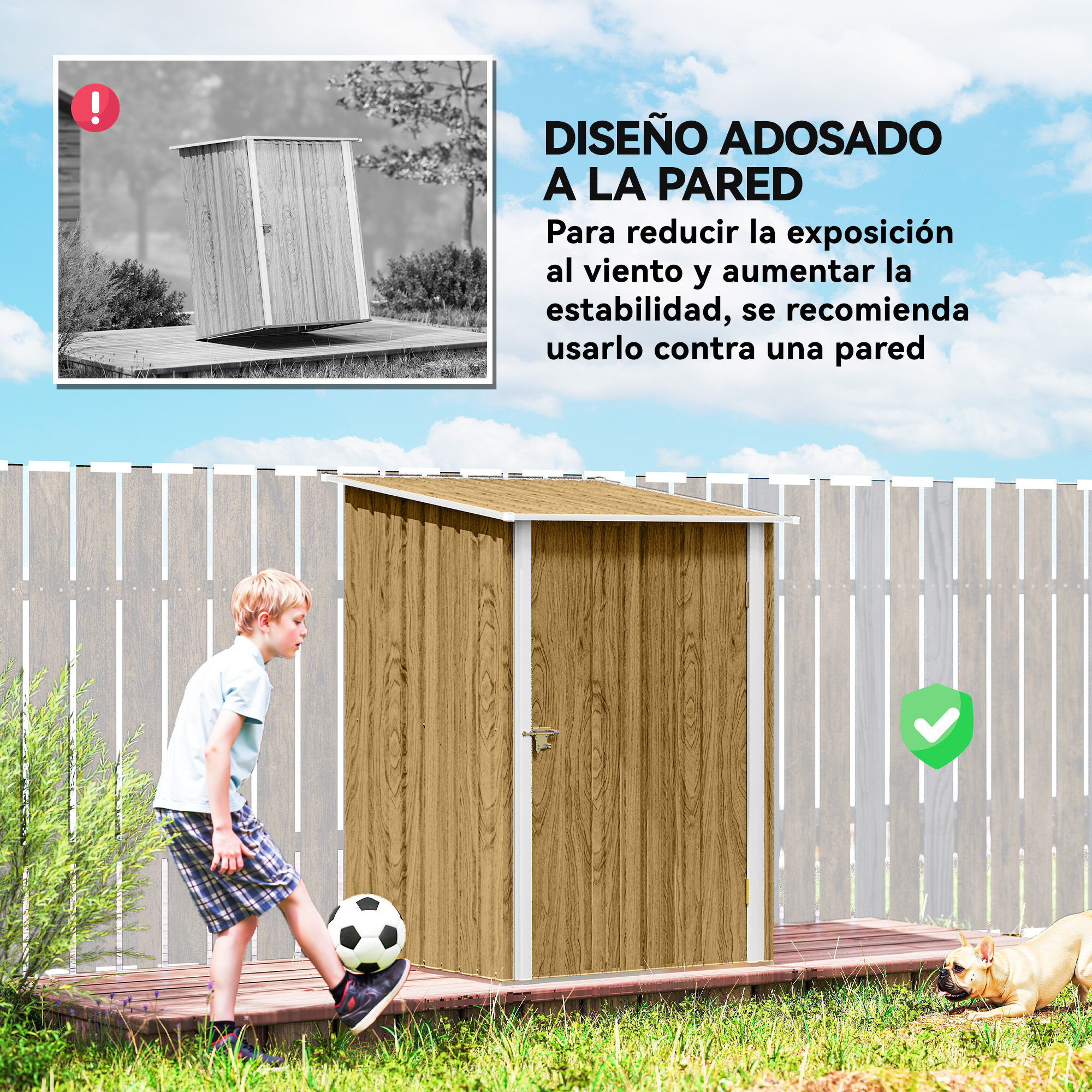 Un niño juega al fútbol junto a un cobertizo de madera, un perro yace en el césped.