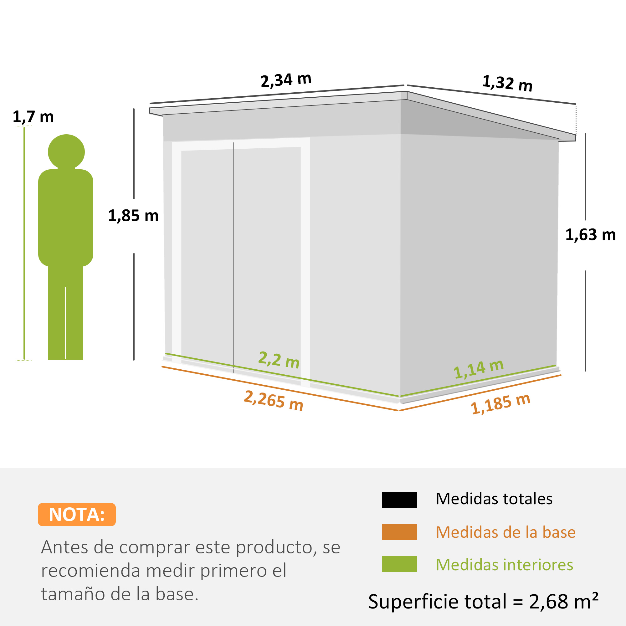 Ilustración de un cobertizo con medidas y figura verde. Superficie total 2,68 m².