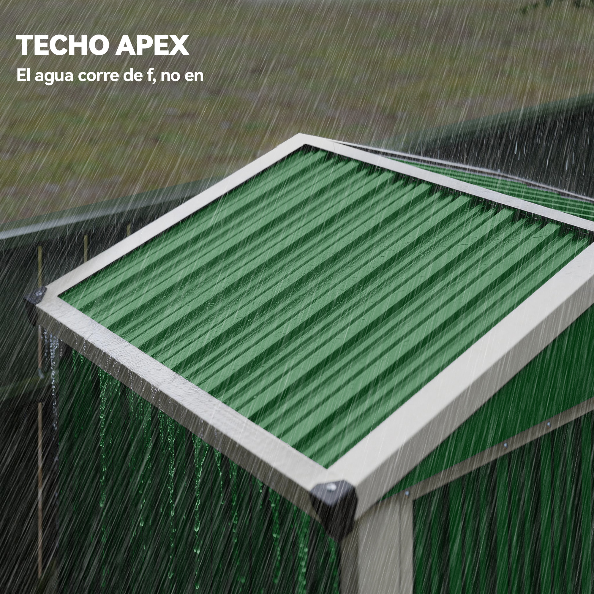 Un tejado verde con borde blanco, sobre el que cae lluvia.