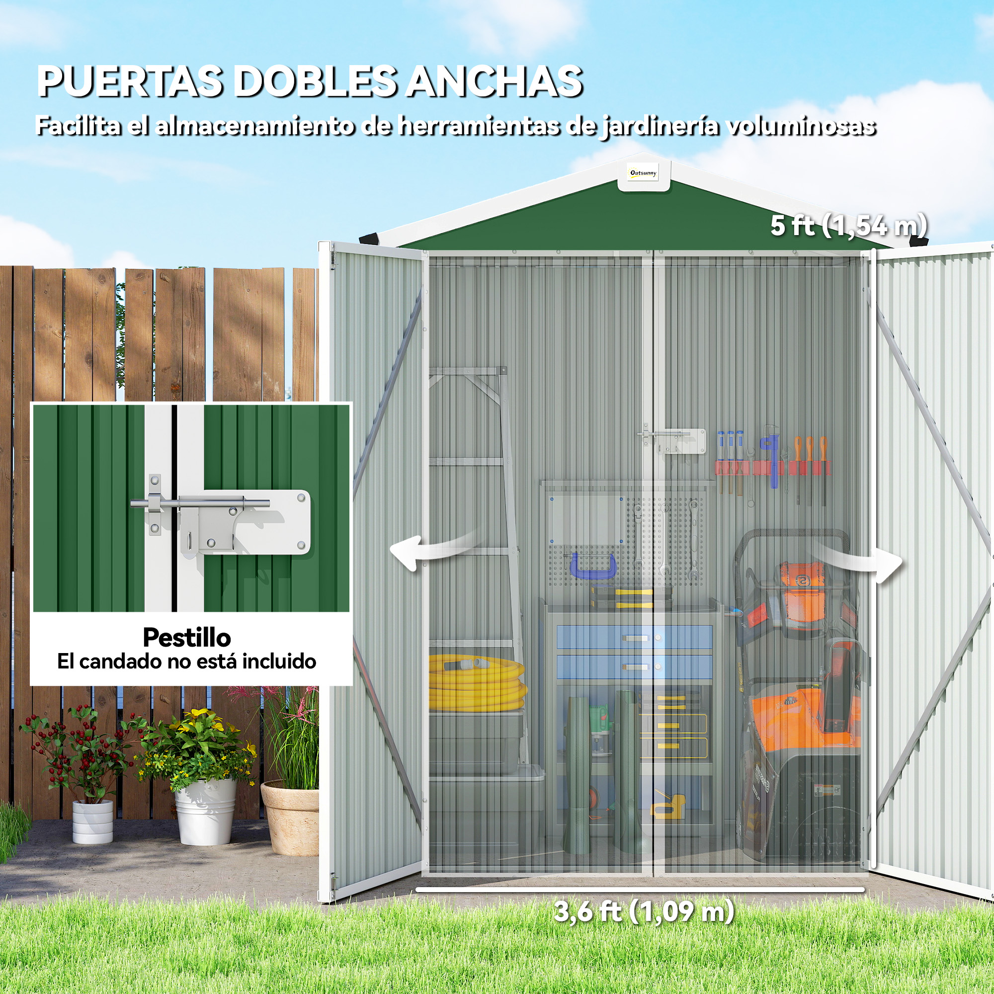Cobertizo con puertas dobles anchas, herramientas y carro naranja dentro.
