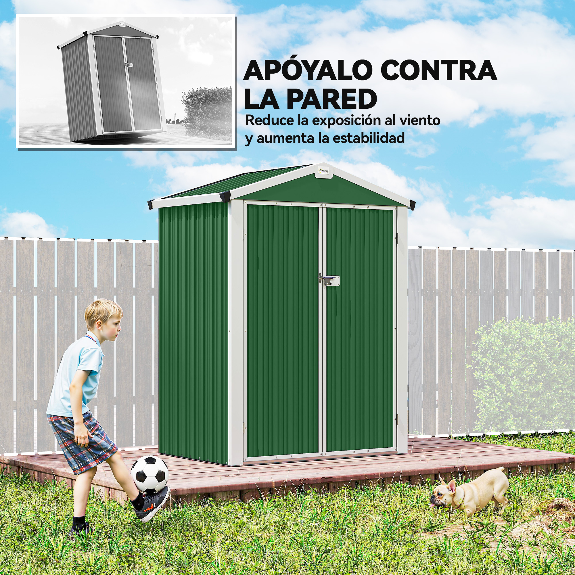 Cobertizo verde con borde blanco, niño jugando fútbol, perro en el césped.