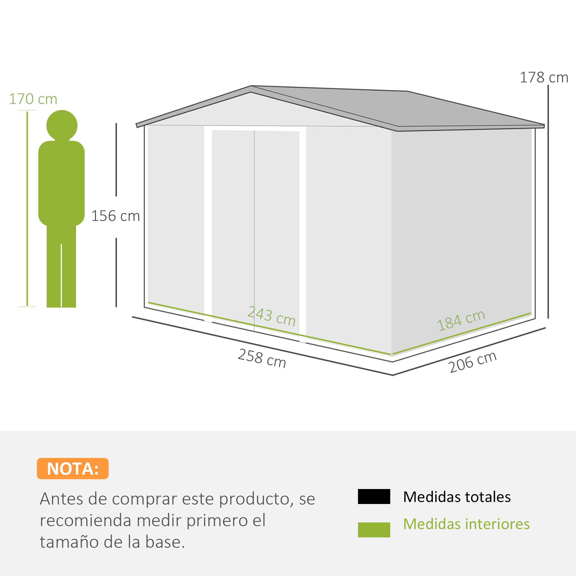 Figura verde (170cm) junto a cobertizo con dimensiones.