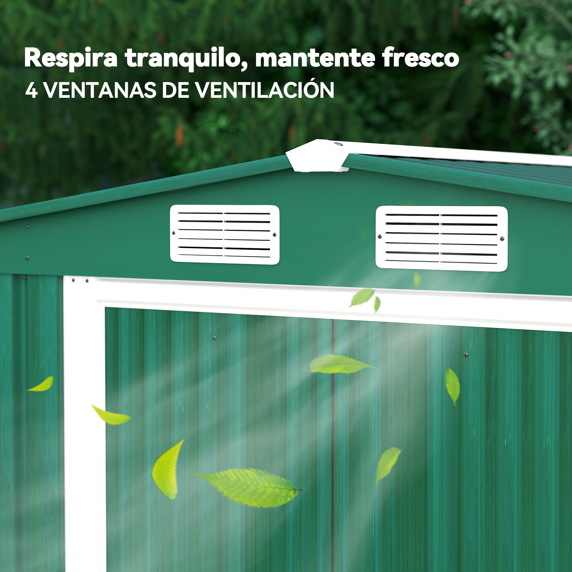 Cobertizo verde con rejillas de ventilación blancas y hojas volando.