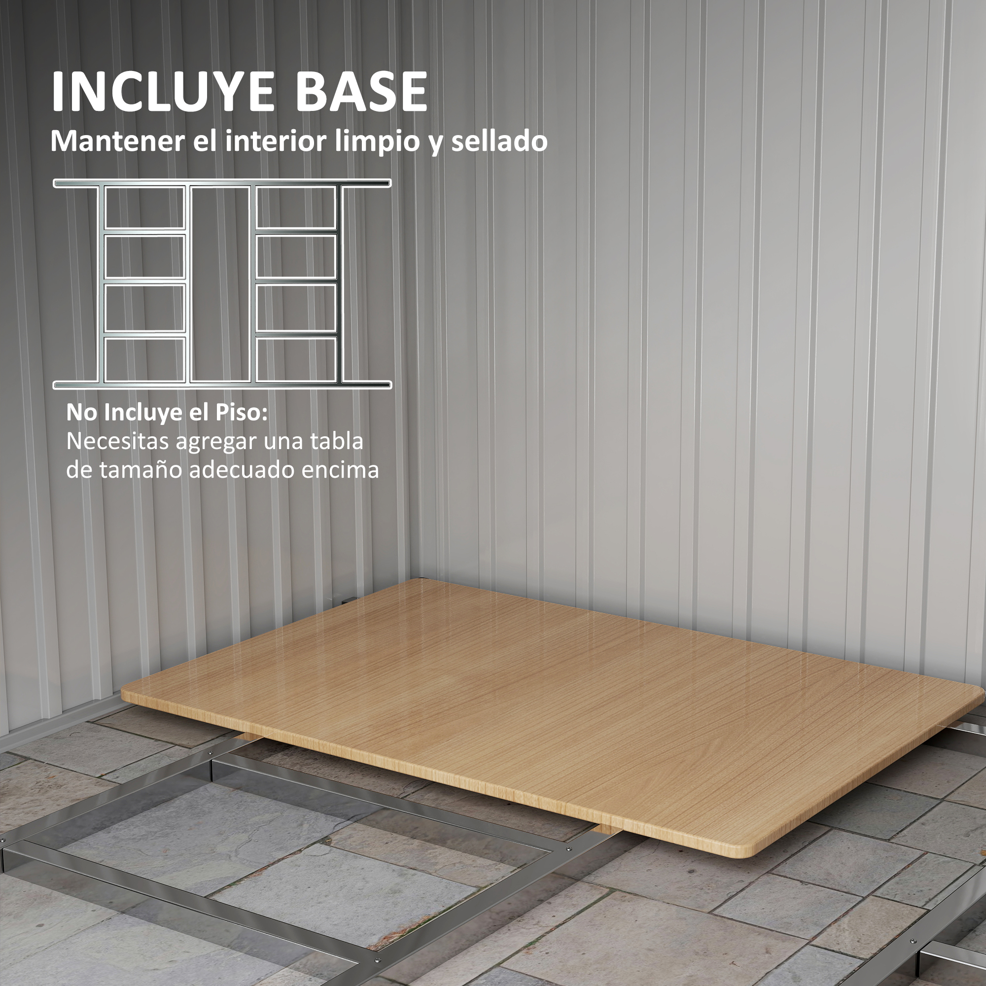 Una tabla de madera sobre un marco metálico sobre baldosas. Pared gris.