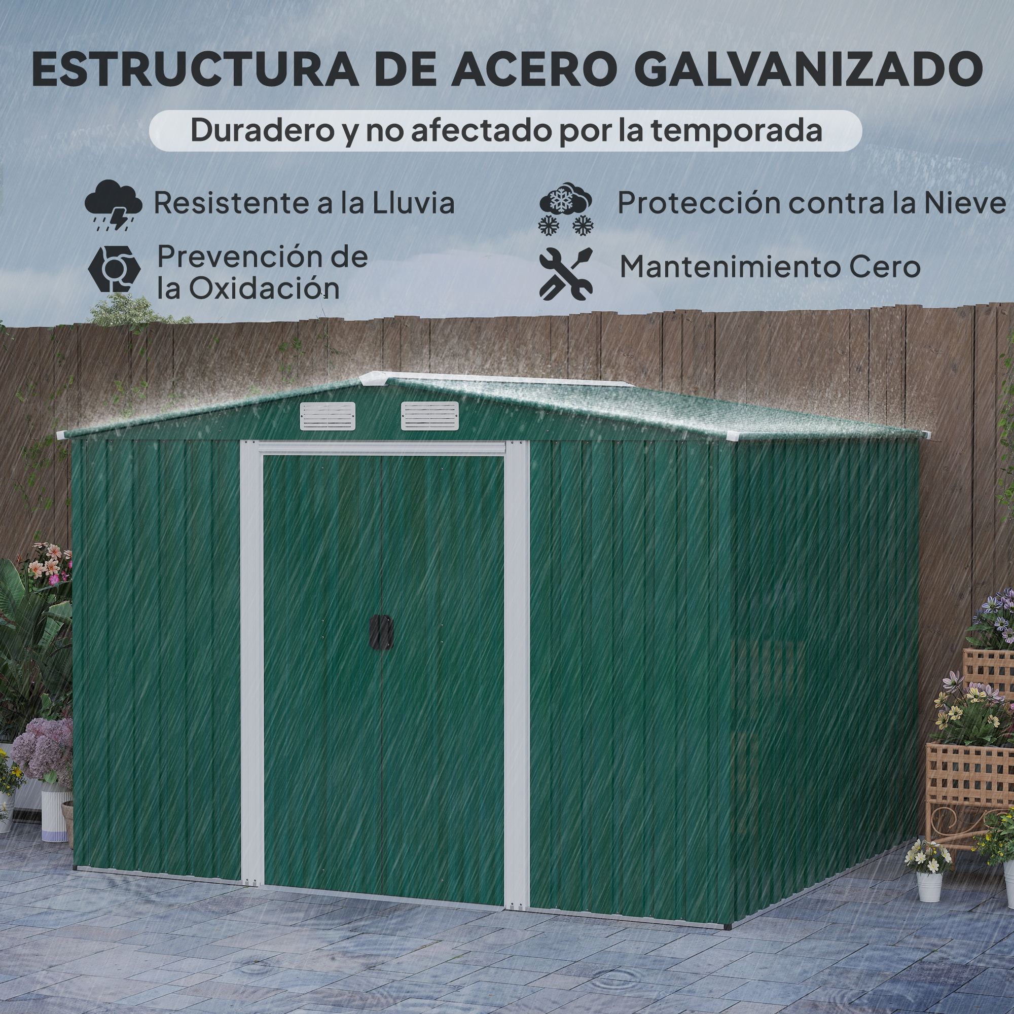 Cobertizo verde de acero galvanizado bajo la lluvia, con valla de madera al fondo.