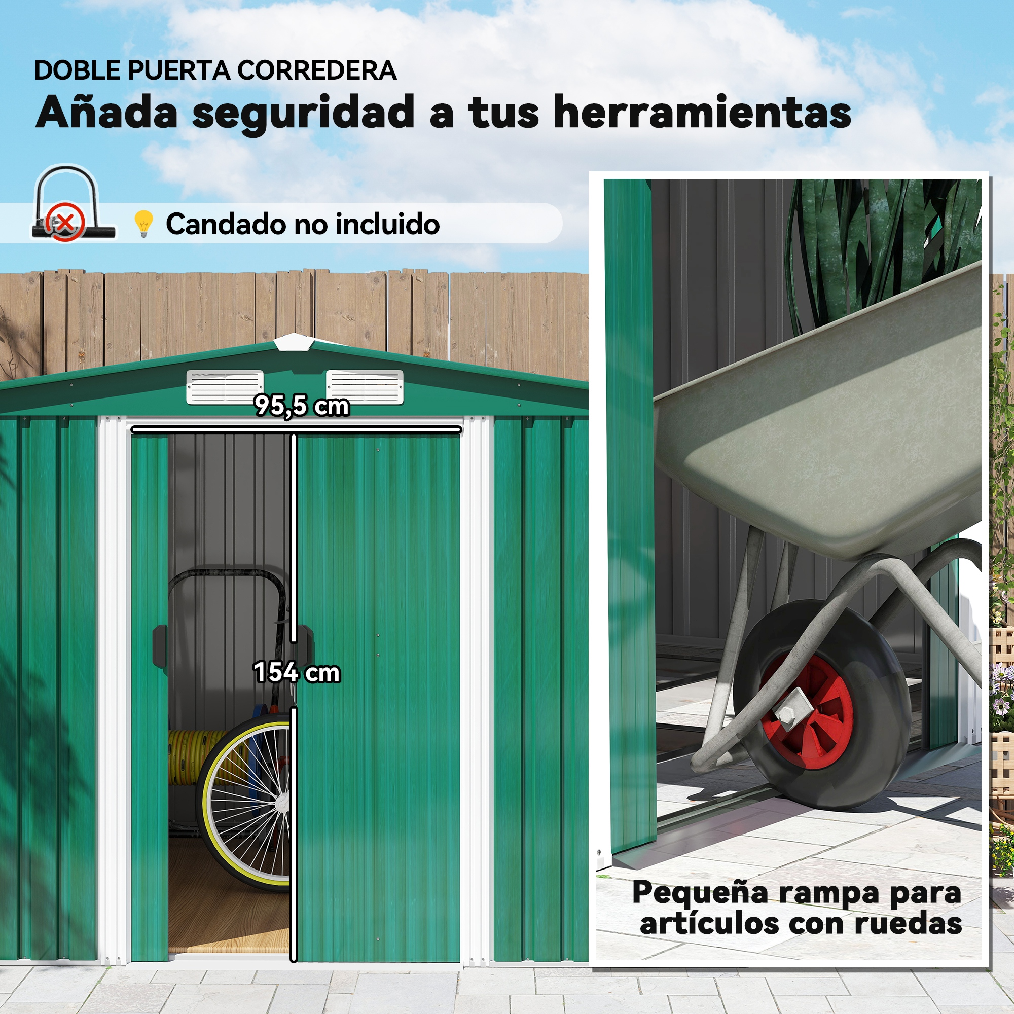 Cobertizo verde con puerta corredera doble, 95.5x154 cm. Rampa.