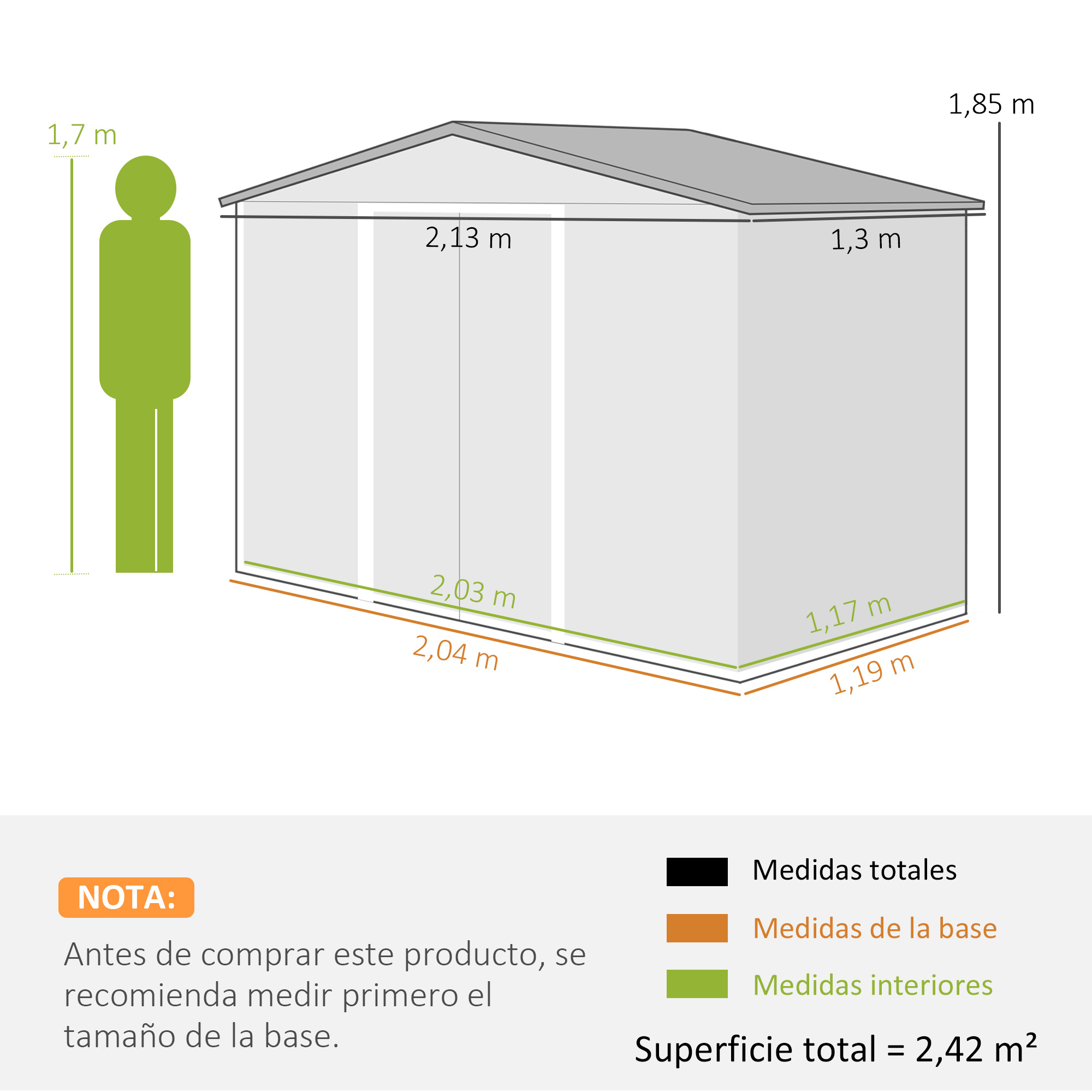 Ilustración de un cobertizo con dimensiones y silueta verde de persona.
