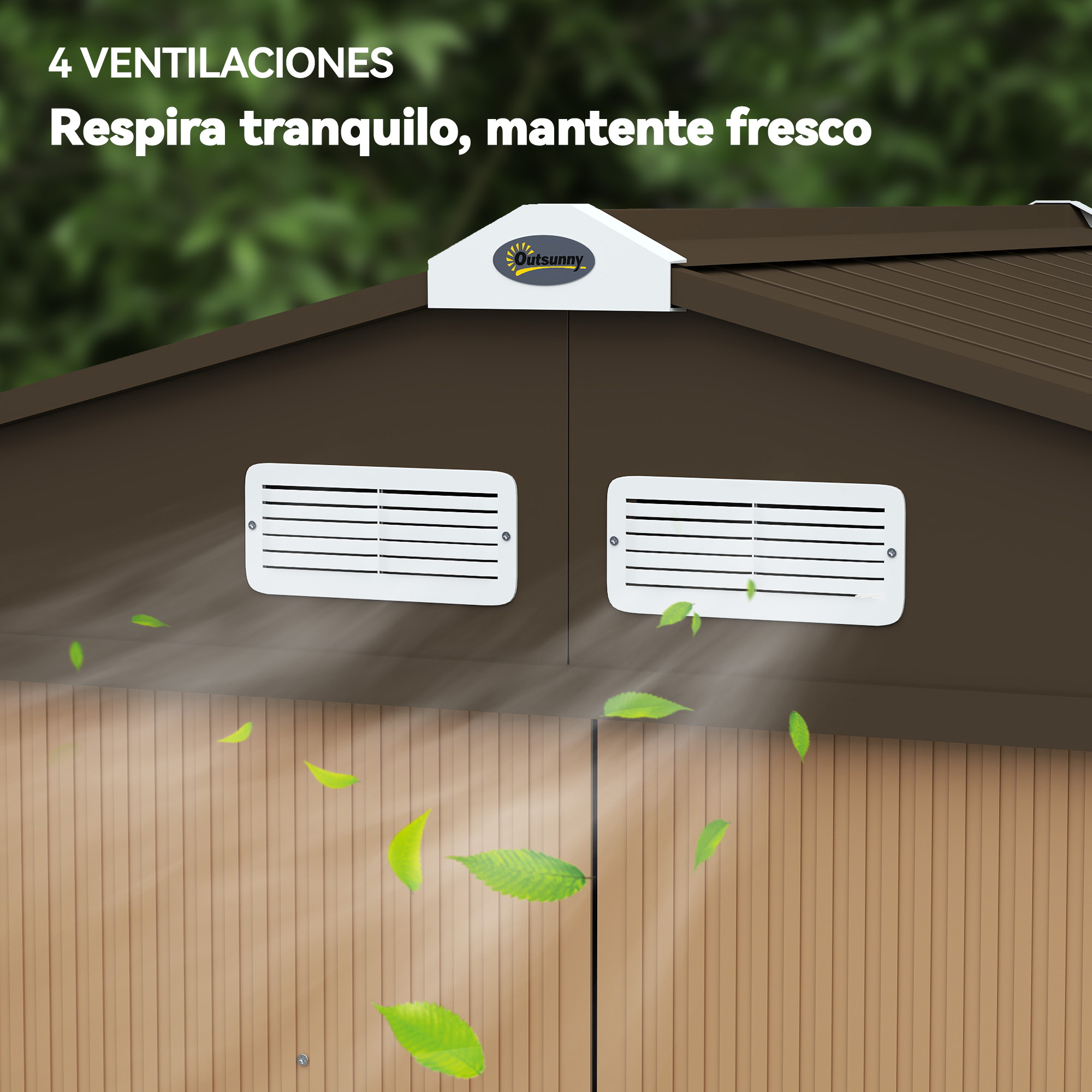 Cobertizo marrón con cuatro ventilaciones blancas y hojas verdes.