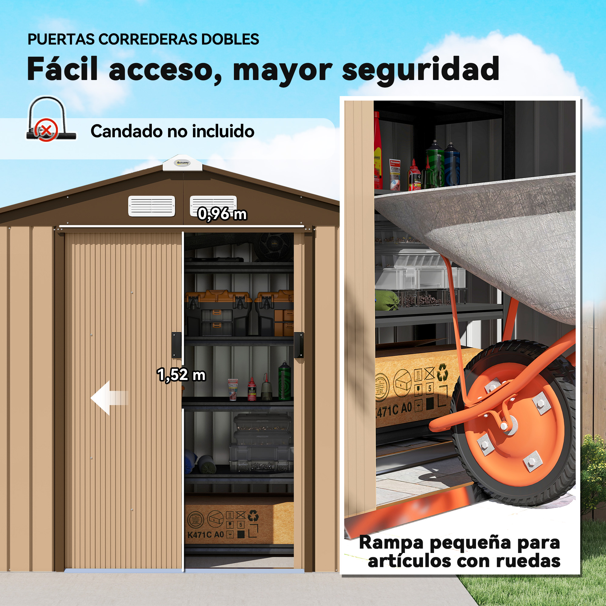 Cobertizo de jardín con puertas correderas dobles, 1,52m alto, 0,96m ancho. Incluye rampa.
