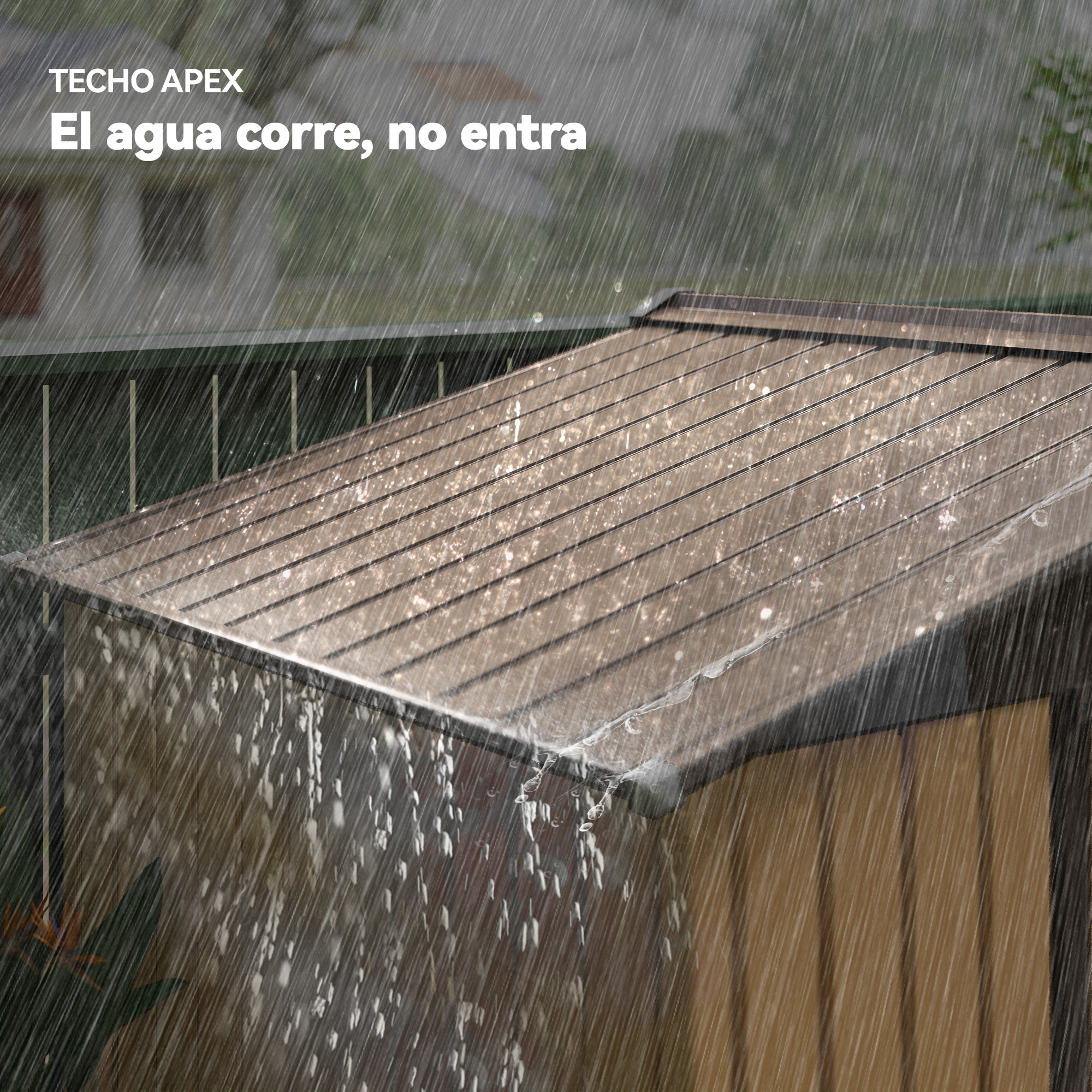 Un tejado bajo lluvia intensa, el agua escurre.