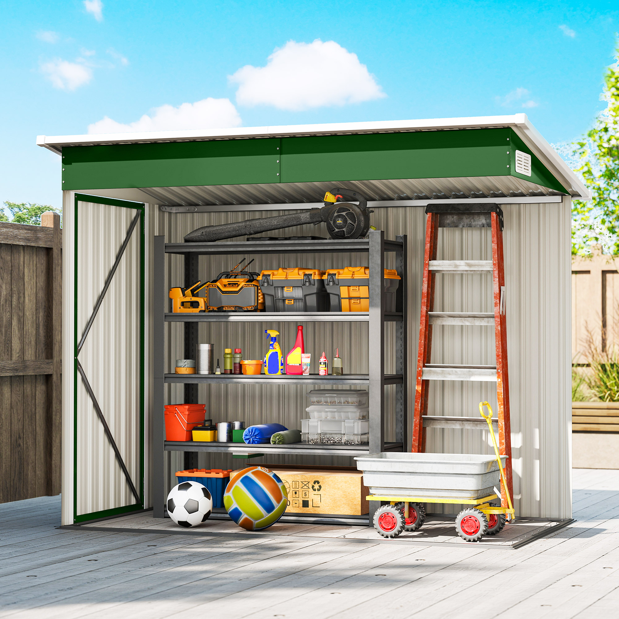 Cobertizo de jardín con herramientas, escalera, pelotas y carro.