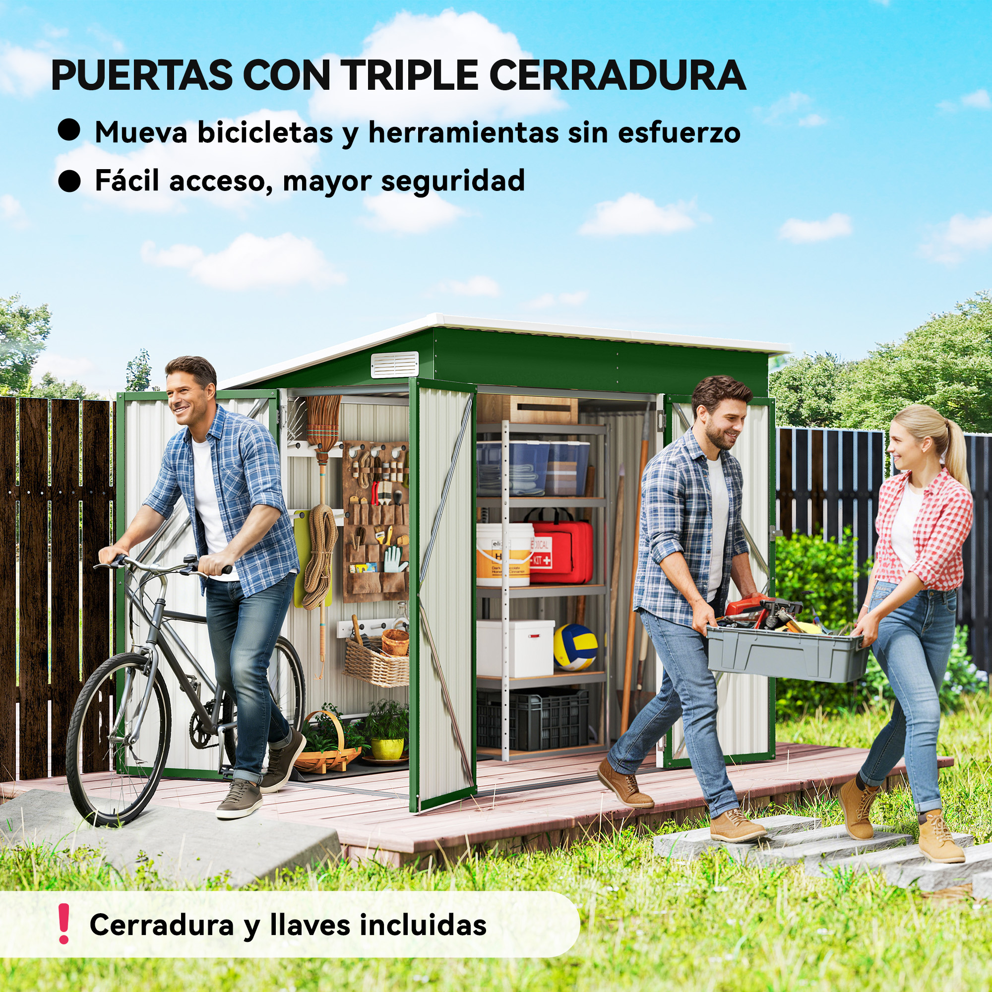 Un hombre monta en bicicleta, una pareja lleva herramientas a un cobertizo verde.