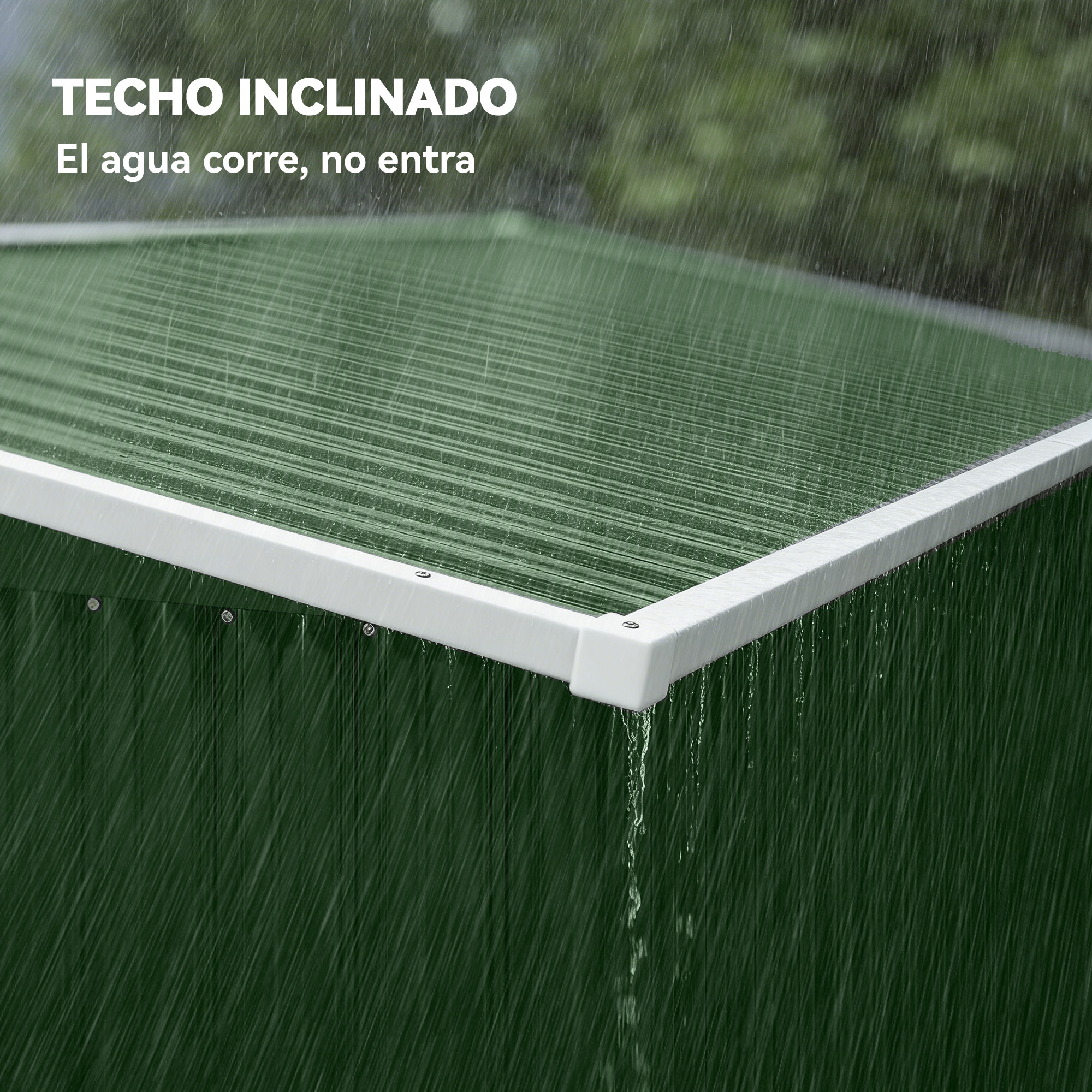 Techo verde bajo la lluvia, el agua corre. Borde blanco.