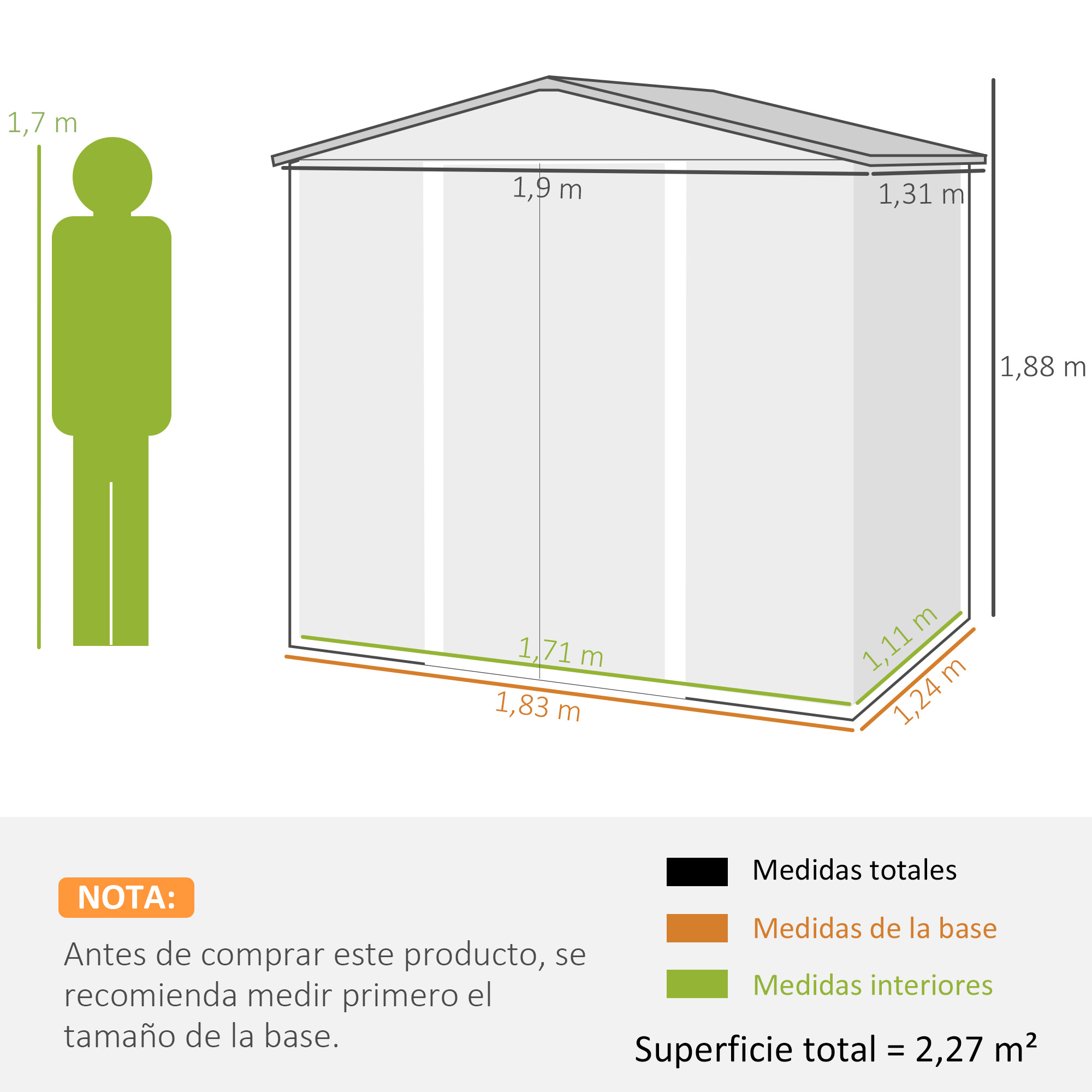 Diagrama de un hombre (1,7m) junto a un cobertizo con medidas.