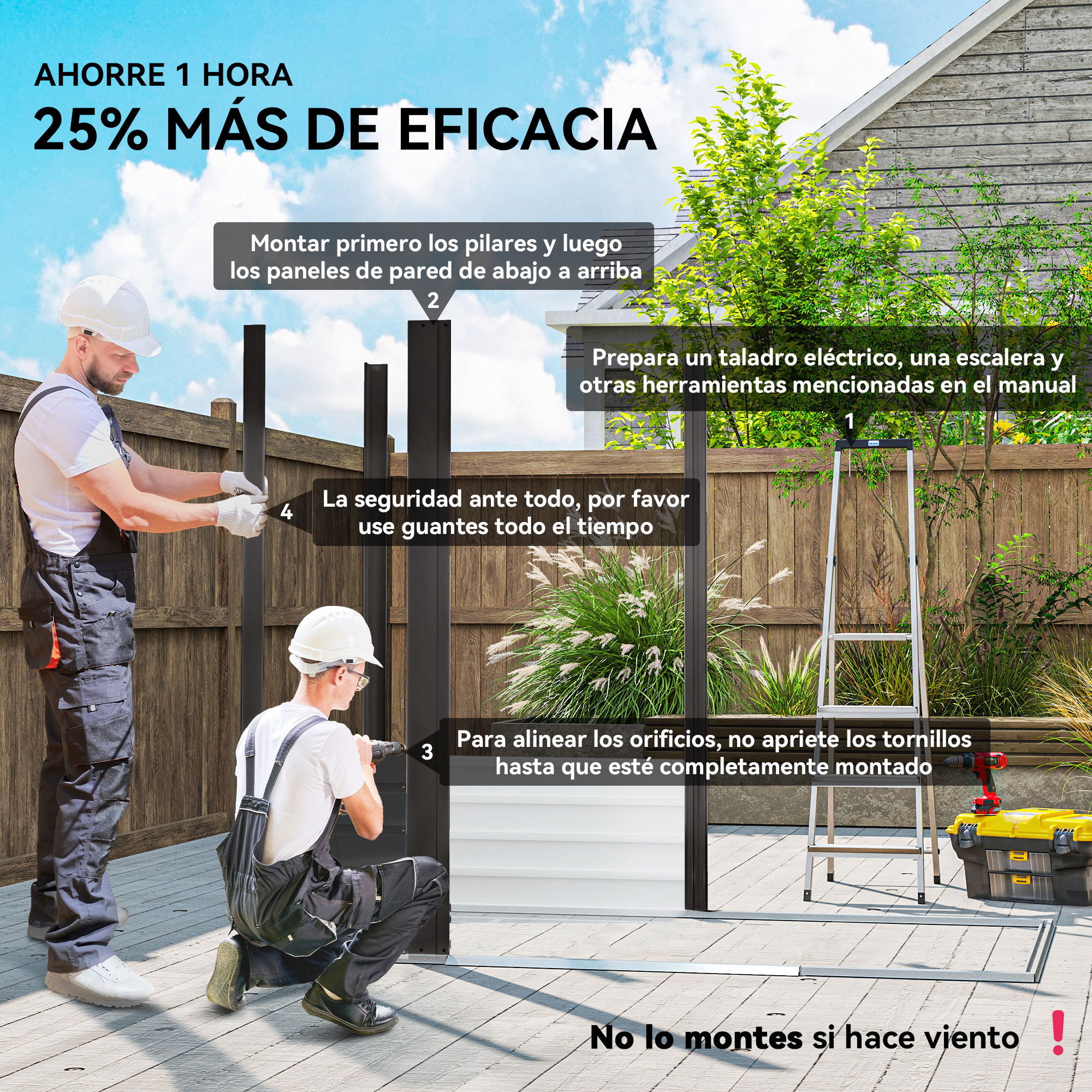 Dos hombres construyendo una valla al aire libre. Herramientas y escalera cerca.