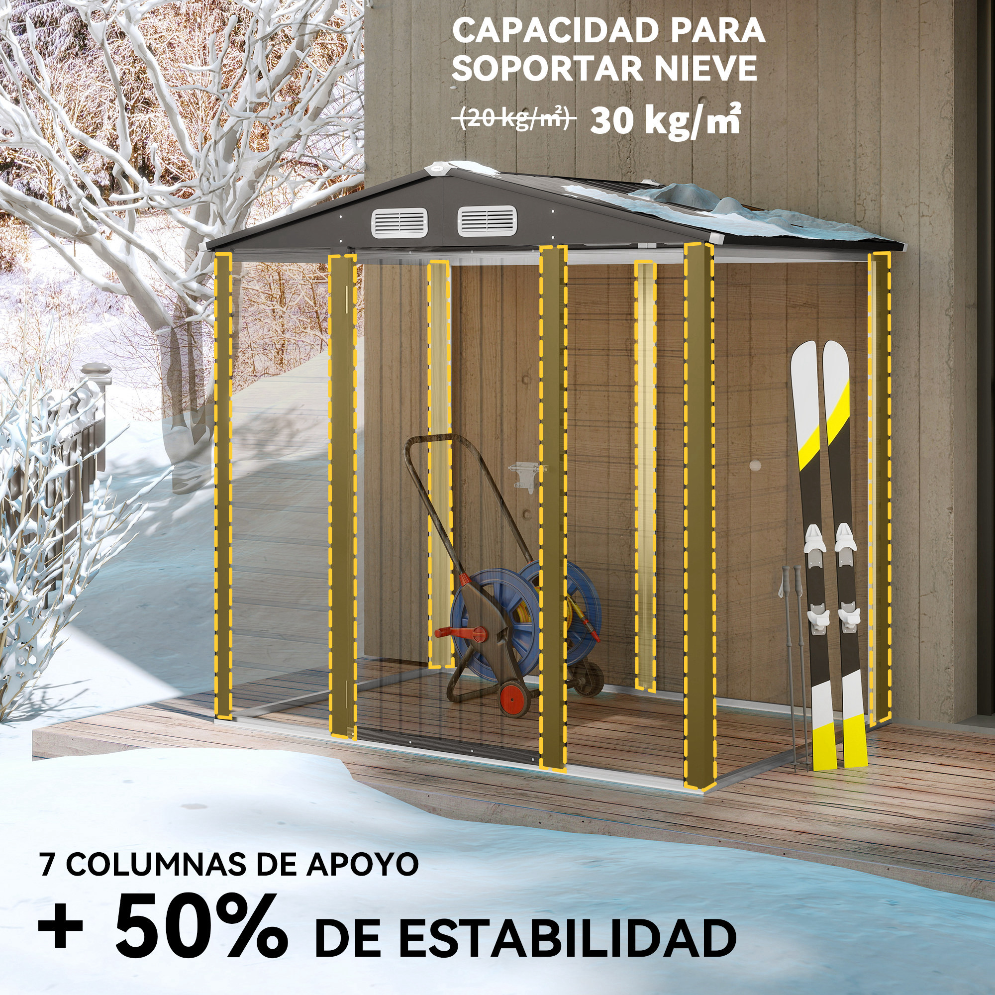 Un cobertizo en la nieve con esquís y un enrollador de manguera. Capacidad de carga de nieve 30 kg/m².