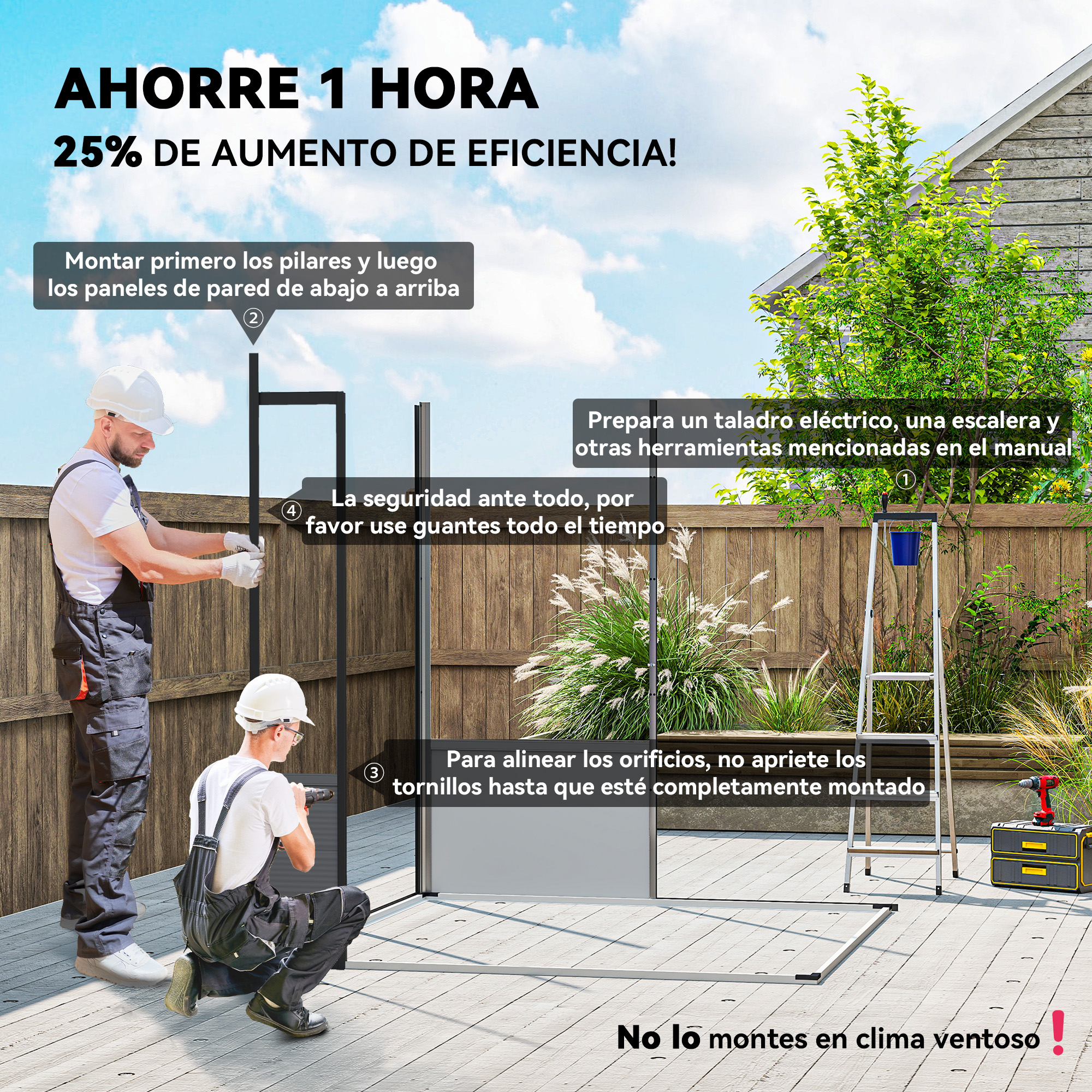 Dos hombres montan una valla, con herramientas y escalera cerca.