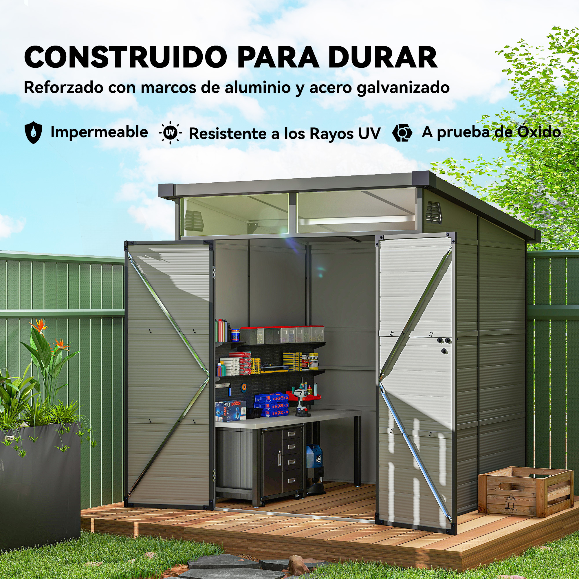 Un cobertizo abierto con banco de trabajo y estantes, al lado una caja.