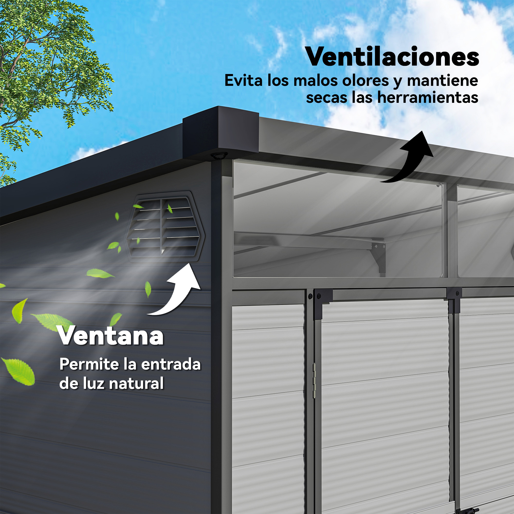 Un cobertizo con ventilaciones y una ventana para entrada de luz natural.