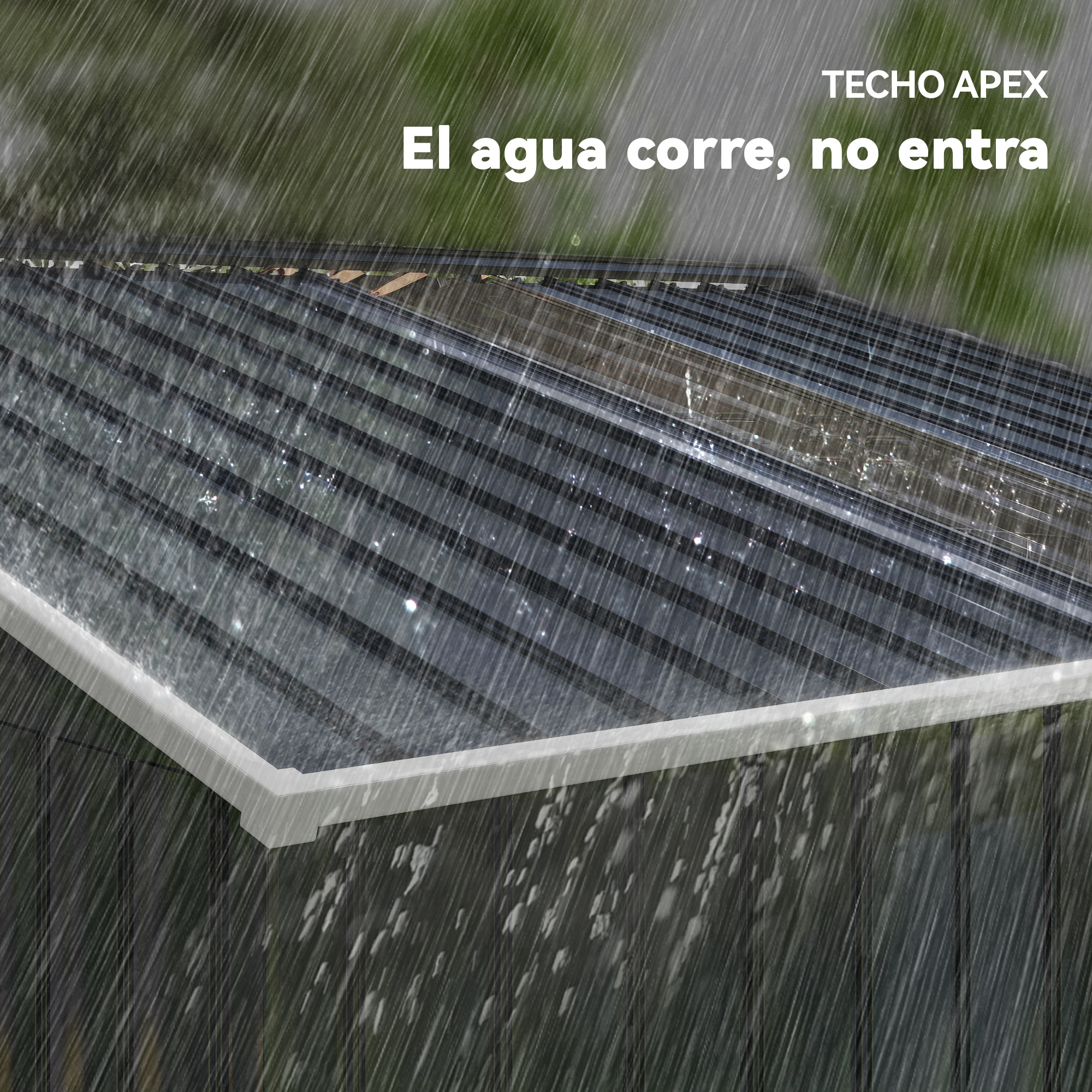 Techo oscuro con lluvia cayendo, pared oscura debajo.