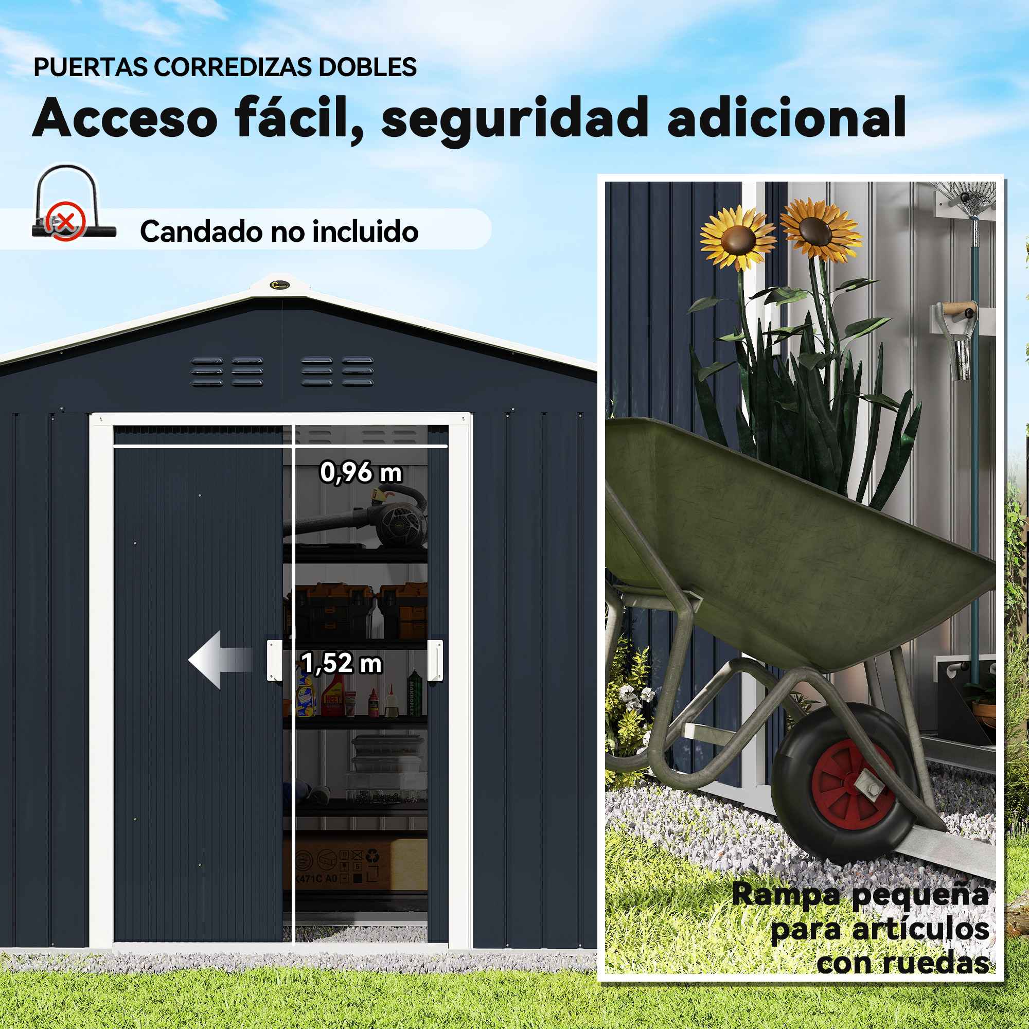 Coherente descripción de un cobertizo gris oscuro con puertas correderas.