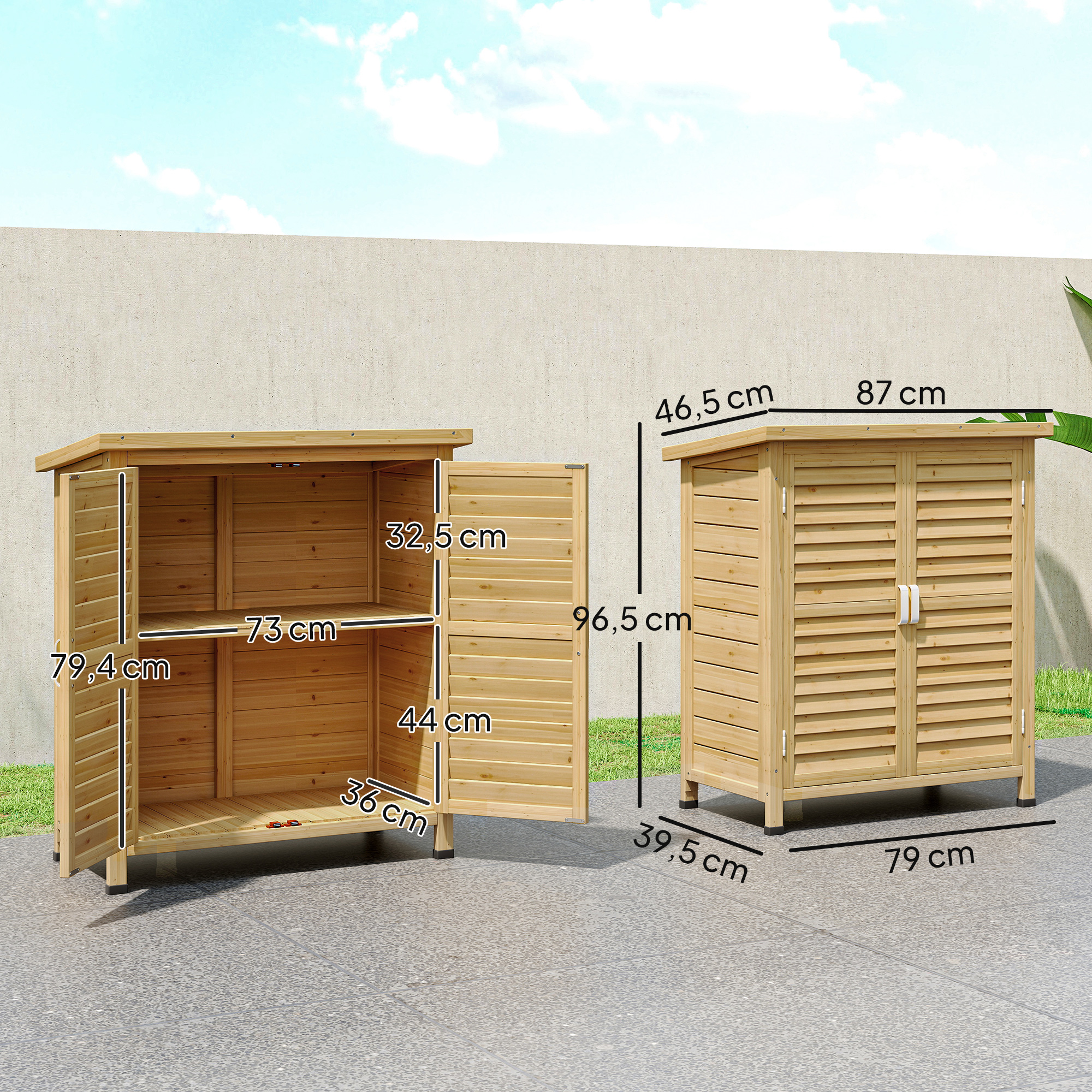 Dos armarios de madera con puertas abiertas, se muestran las dimensiones. Exterior sobre pavimento.