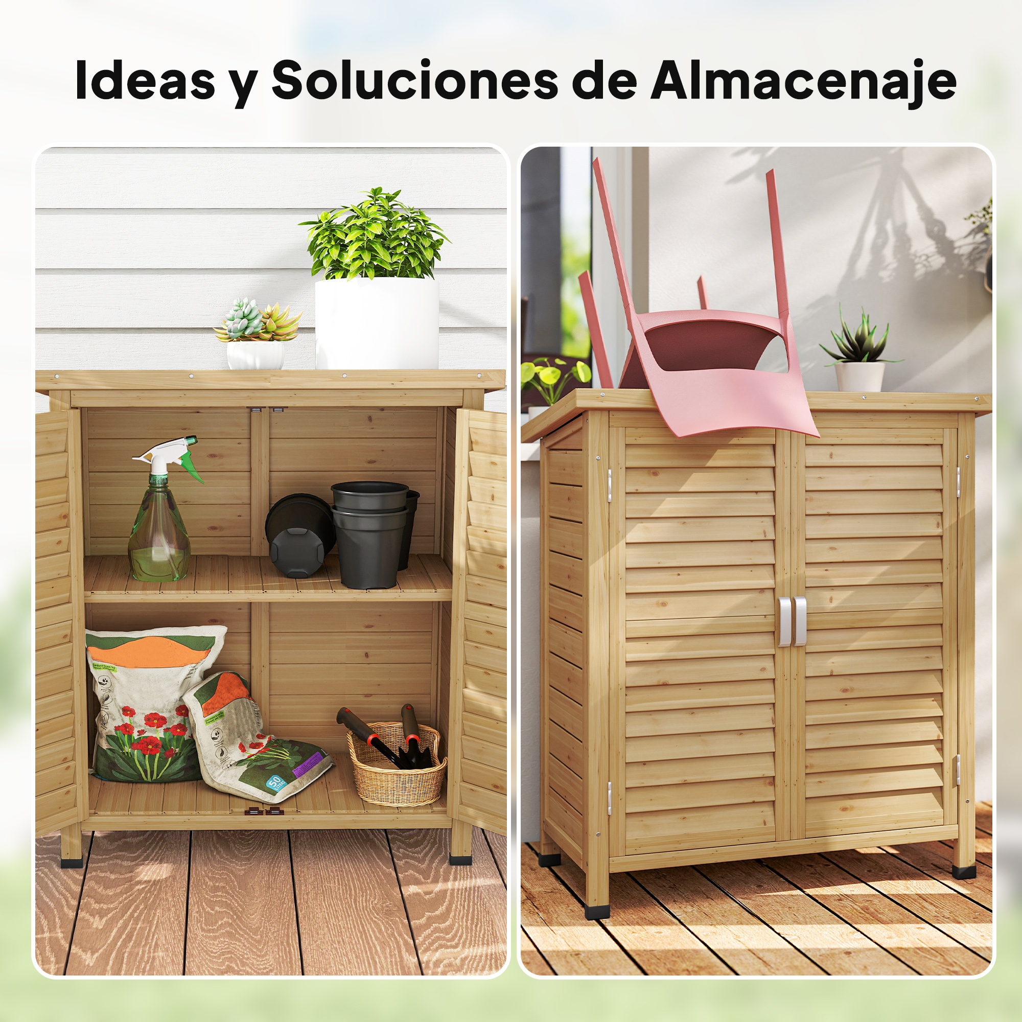 Armario de madera con dos puertas. El lado izquierdo está abierto mostrando estantes con herramientas.