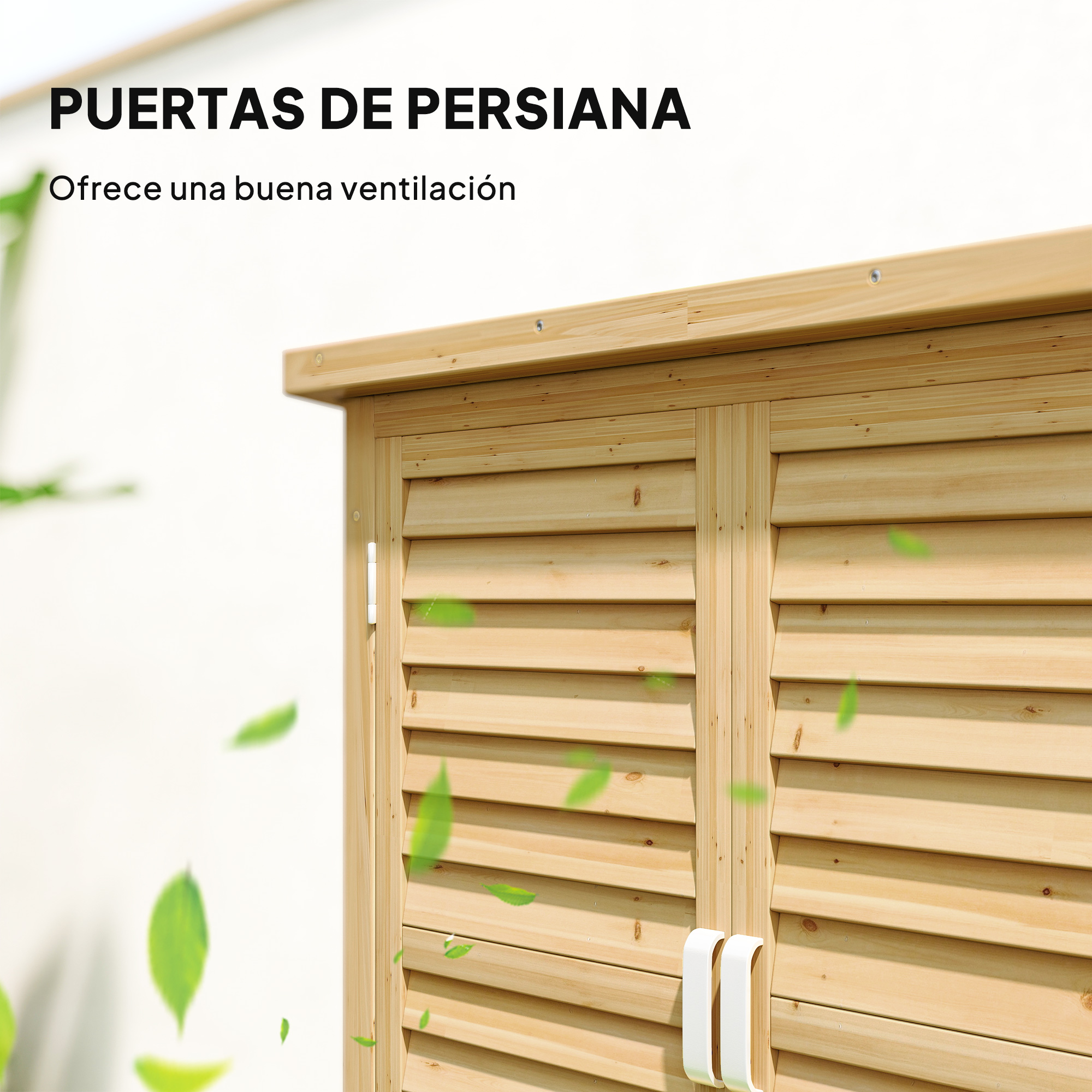 Puertas de persiana de madera con asas blancas y hojas verdes volando.