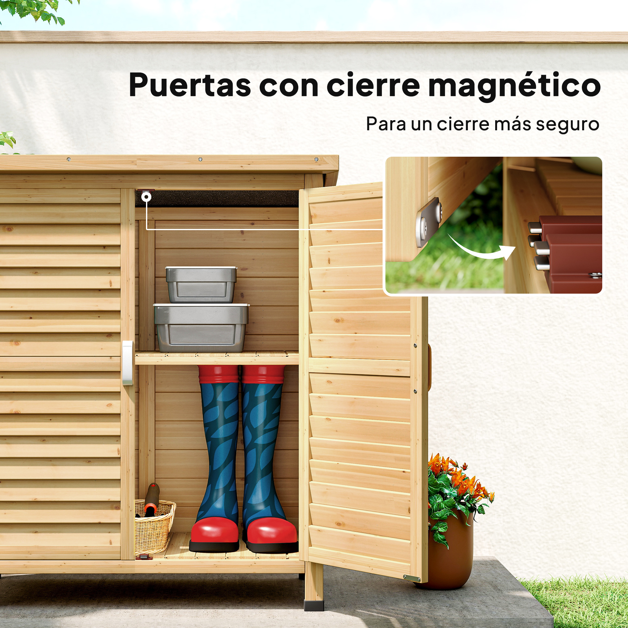 Caseta de madera con puertas abiertas, botas, contenedores y maceta.