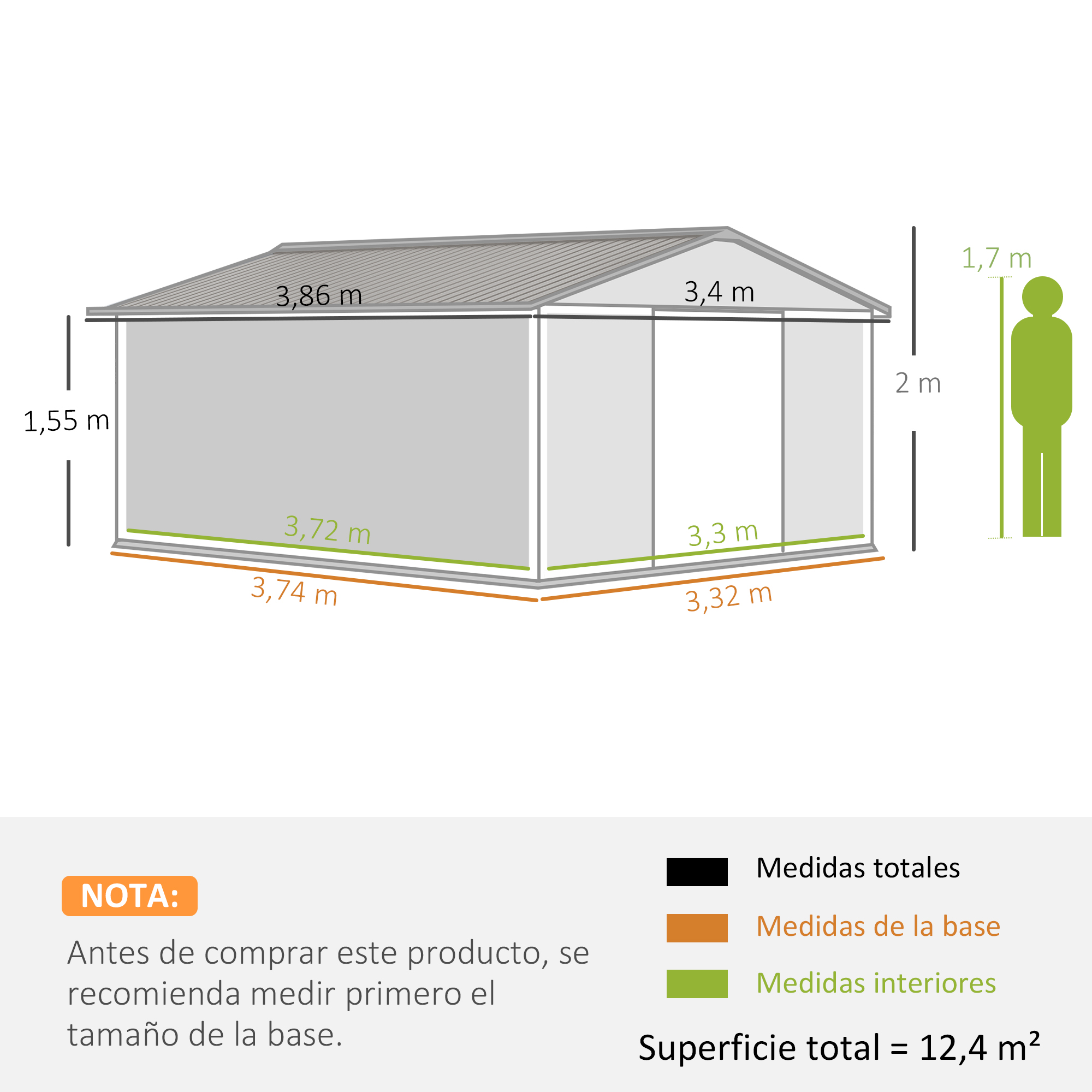 Dimensiones cobertizo: Largo 3,86m, Ancho 3,74m, Alto 1,55m. Superficie 12,4m².
