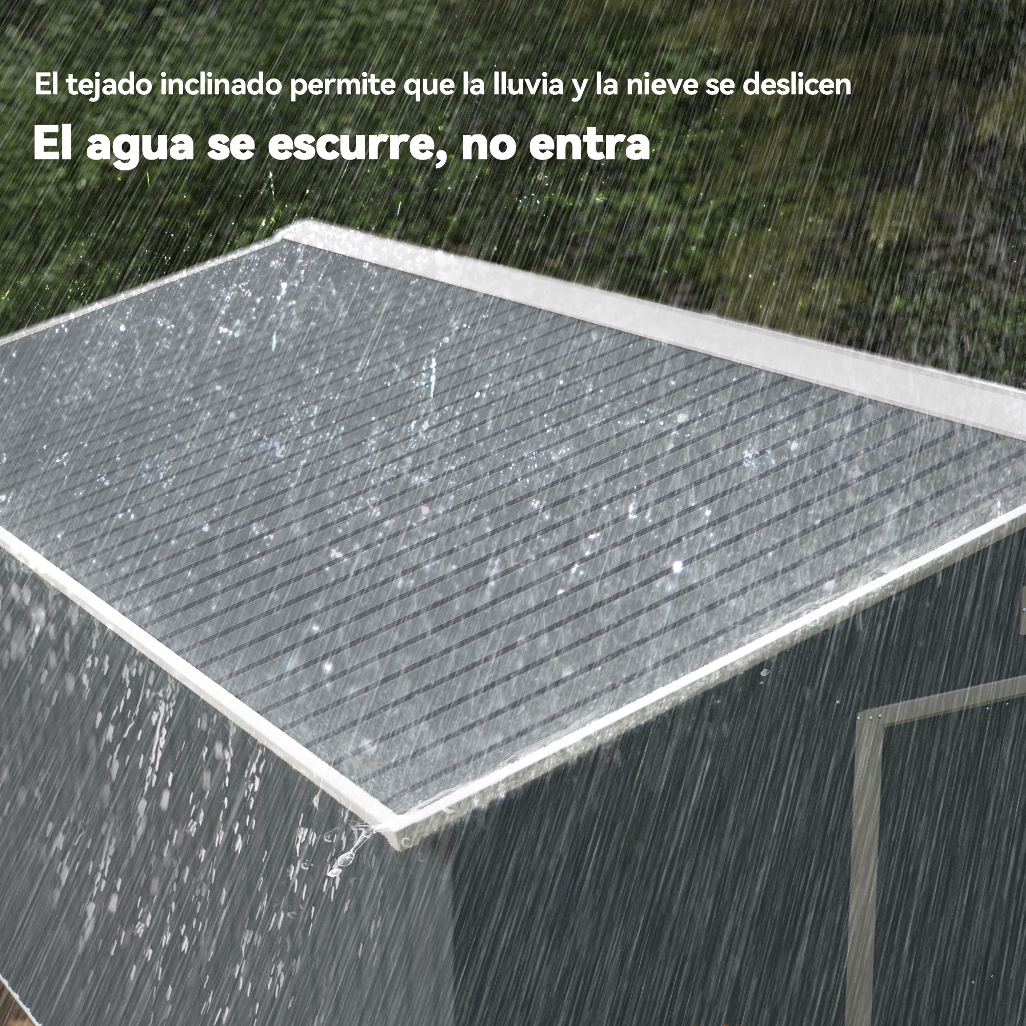 Tejado inclinado deja resbalar lluvia y nieve. El agua se escurre.