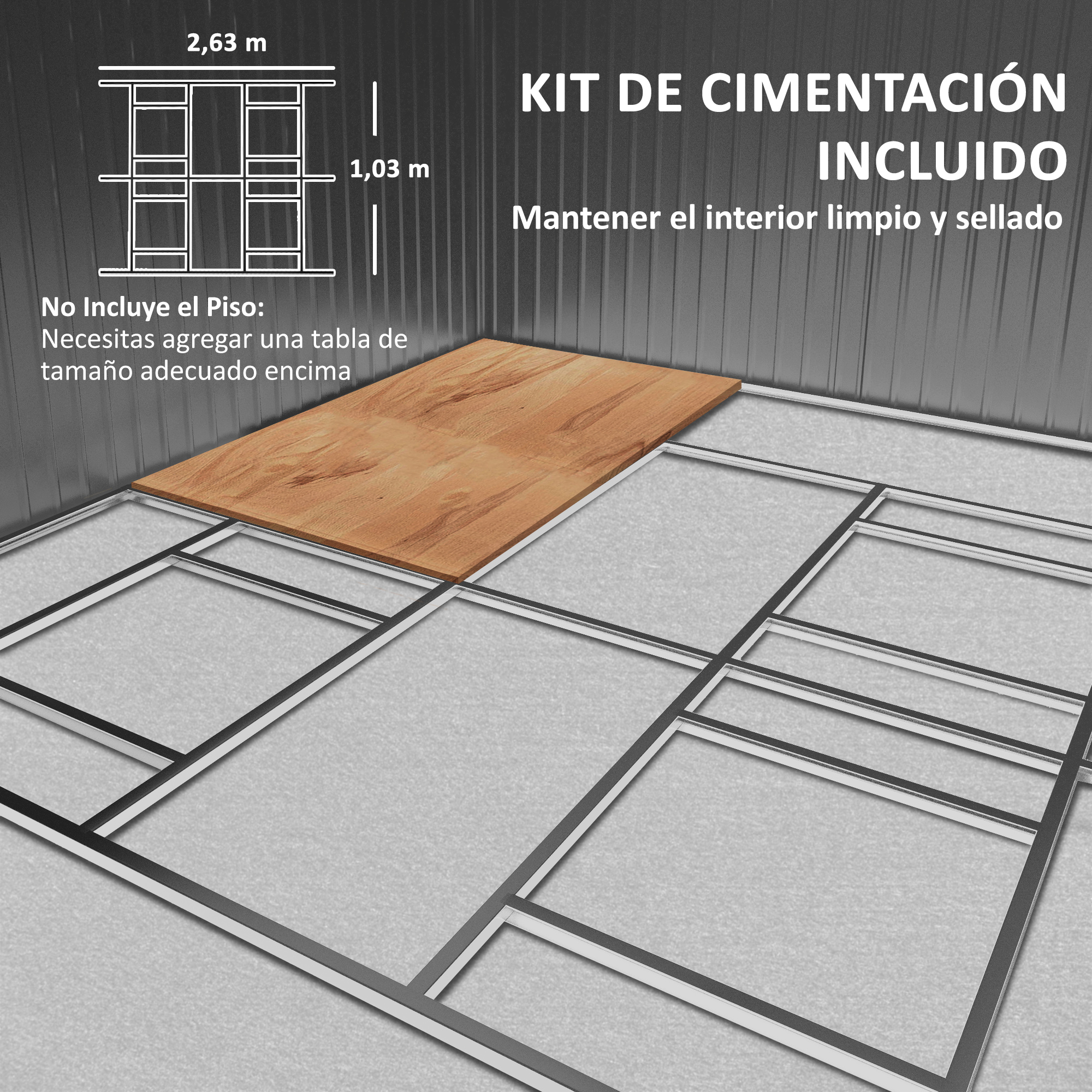 Plano de cimentación con medidas y texto 'KIT DE CIMENTACIÓN INCLUIDO'.