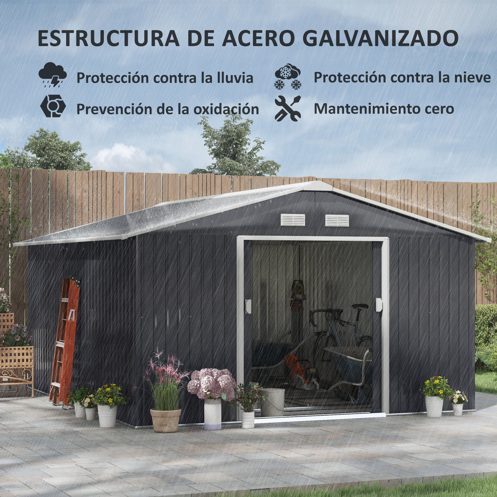 Cobertizo oscuro bajo la lluvia con escalera y flores frente a valla de madera.