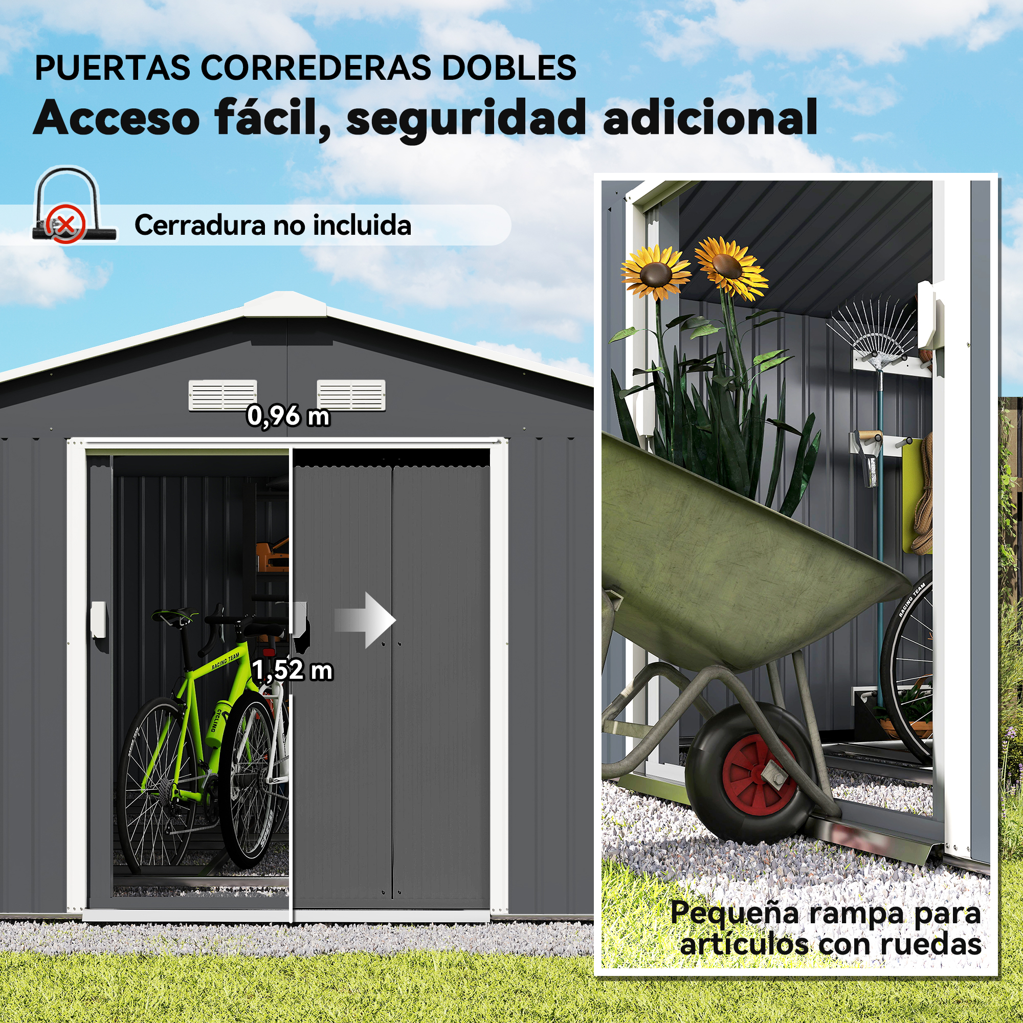 Un cobertizo gris con puertas corredizas dobles, una bicicleta y una carretilla.