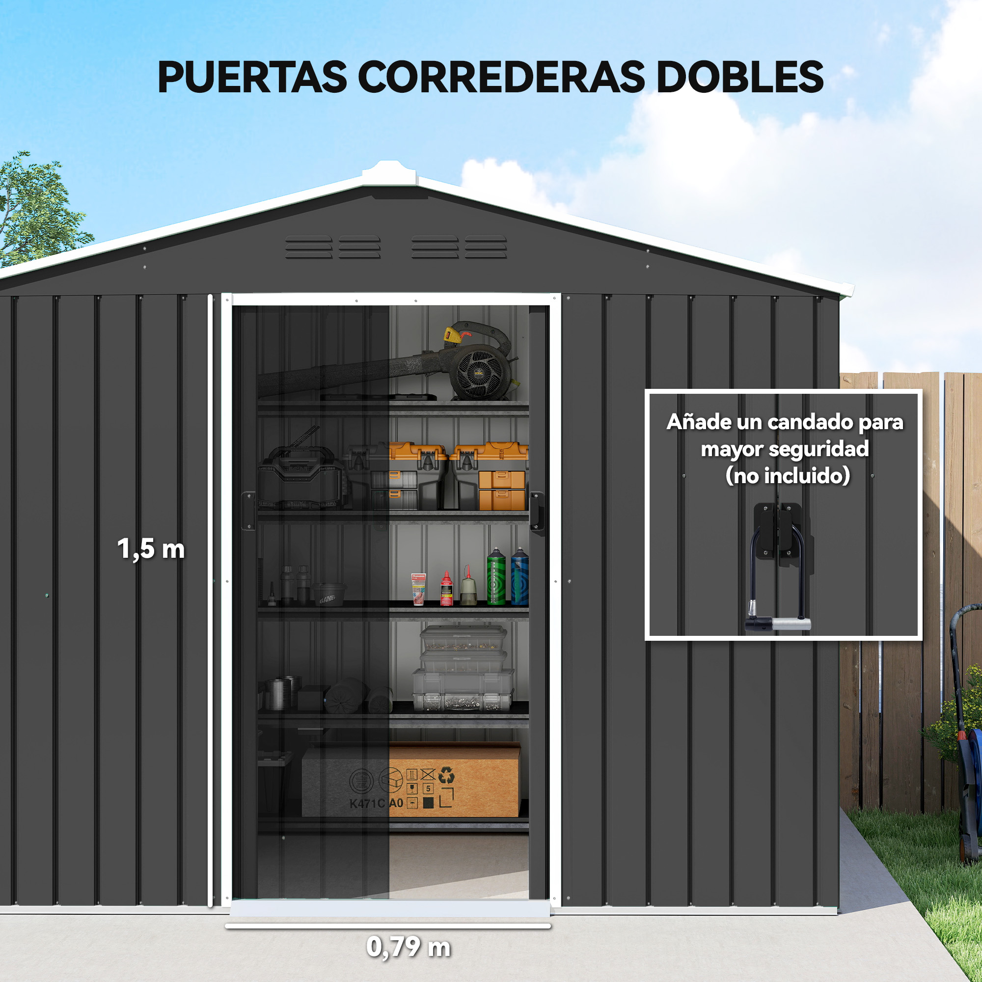 Cobertizo gris oscuro con puertas abiertas, estantes y herramientas.