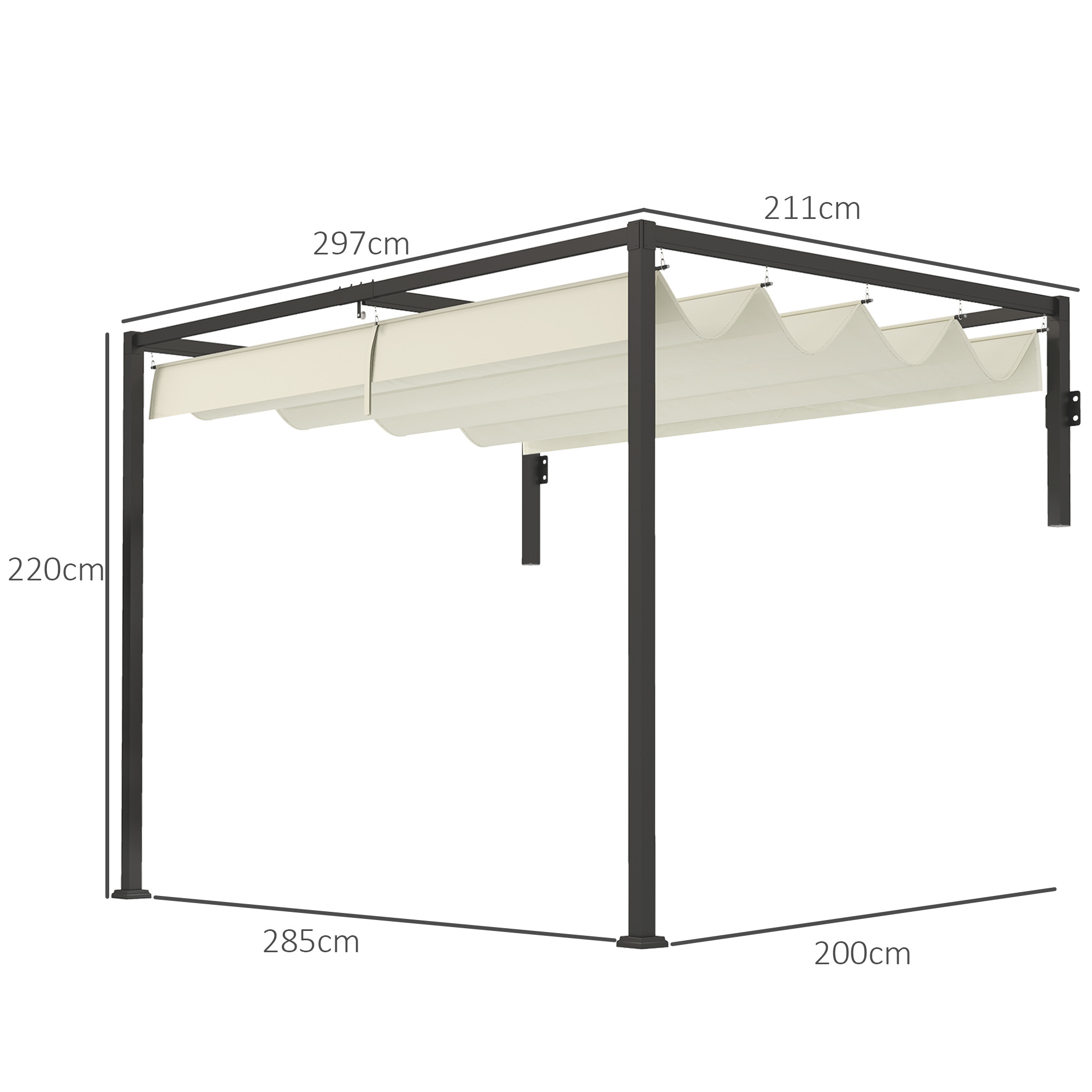 Pérgola con toldo blanco, marco metálico oscuro y dimensiones.