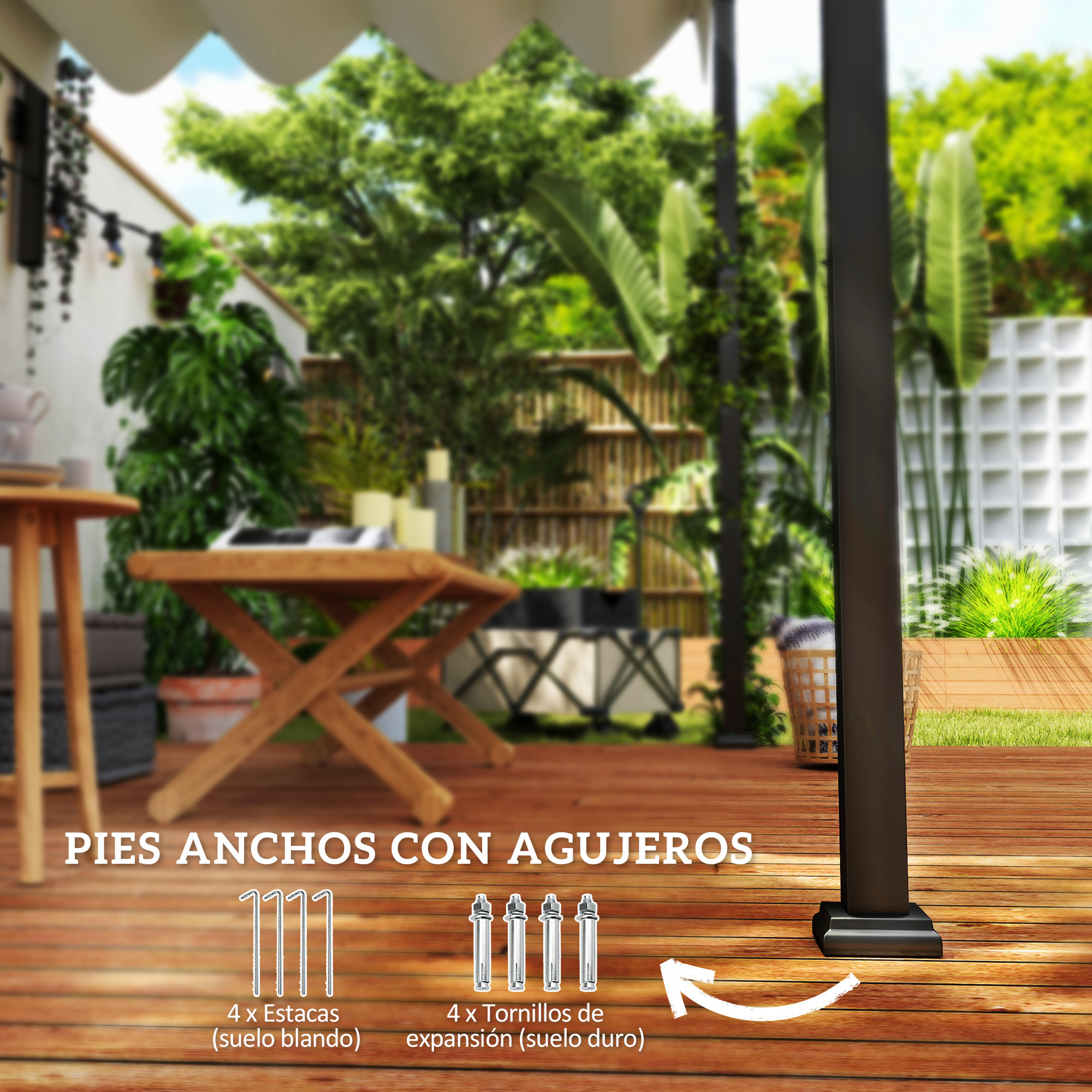 Accesorios para muebles de exterior: estacas para suelo blando, tornillos.