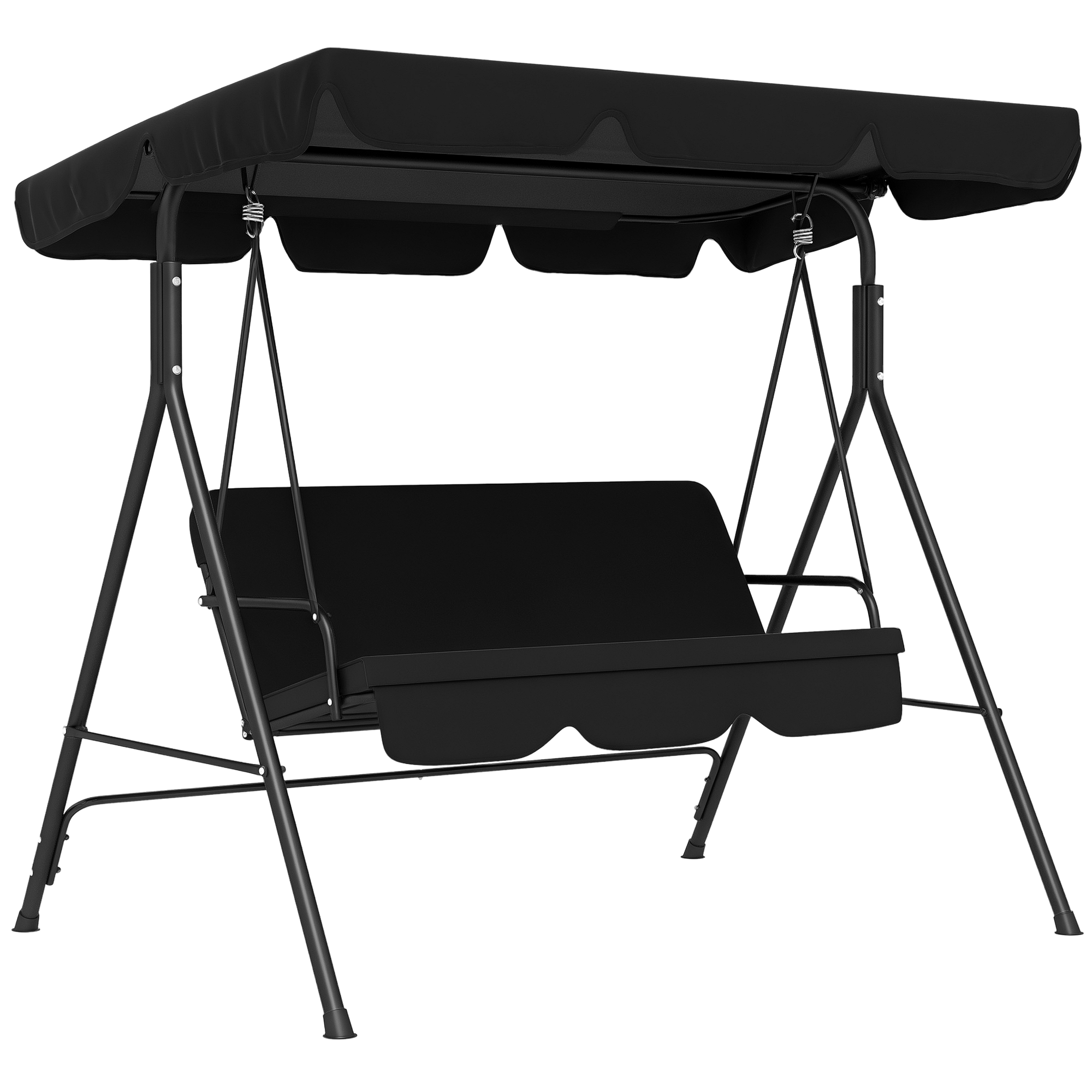 Schwarze Hollywoodschaukel mit Dach und Sitzfläche, freigestellt.