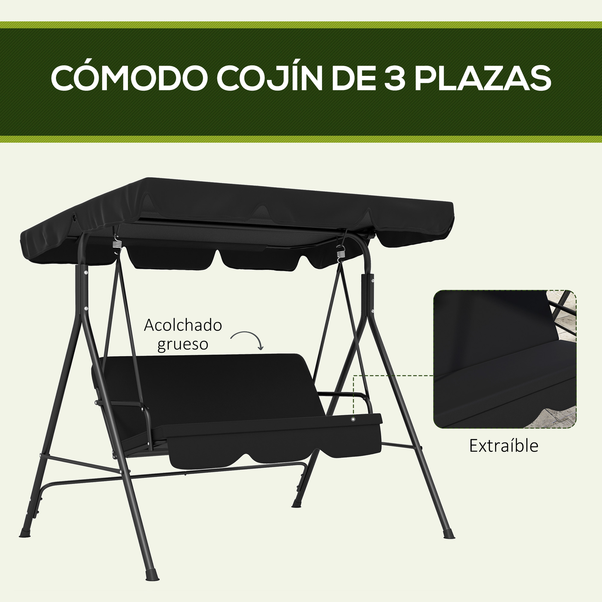 Columpio negro para 3 personas con toldo y cojín grueso.