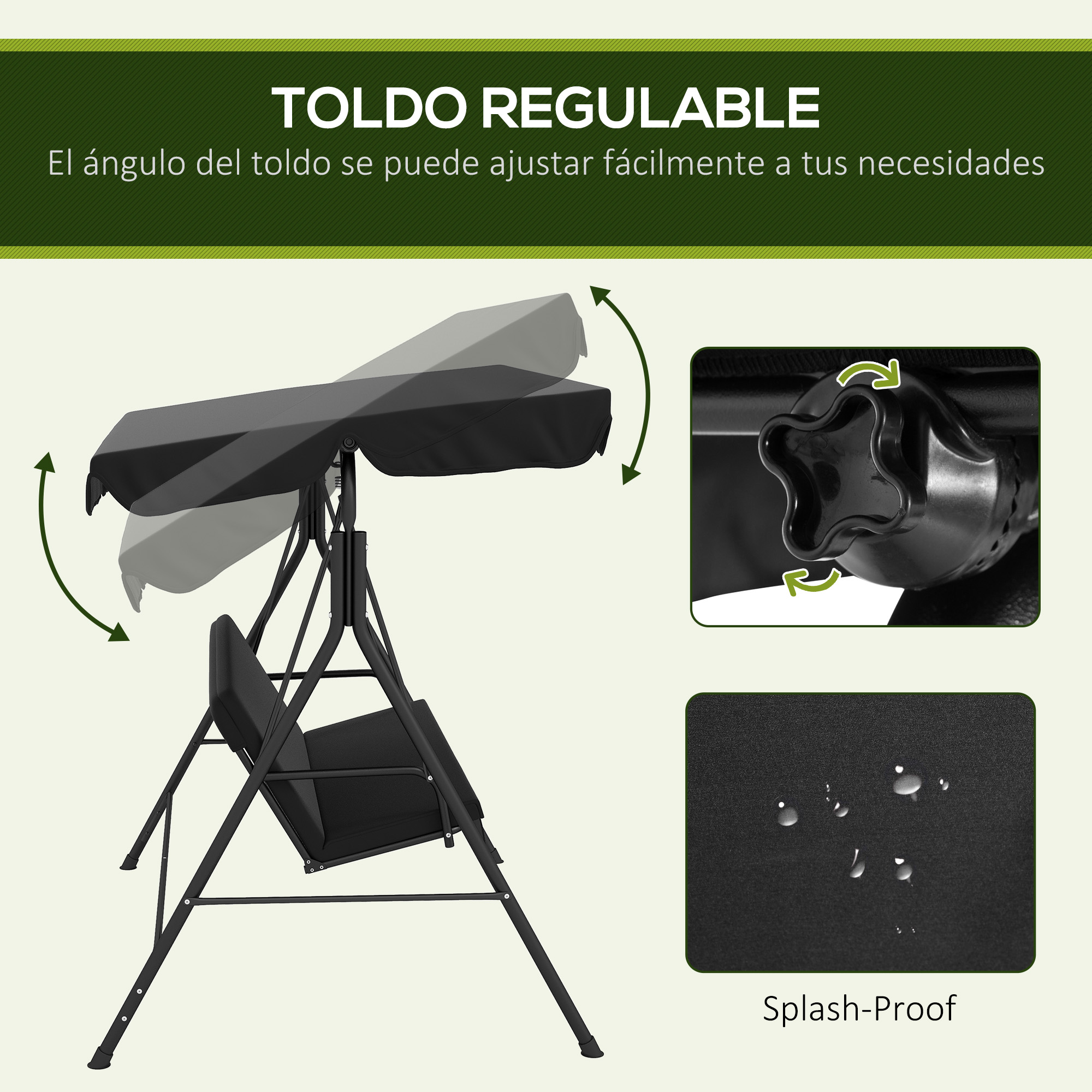 Toldo negro ajustable con mecanismo y característica a prueba de salpicaduras.