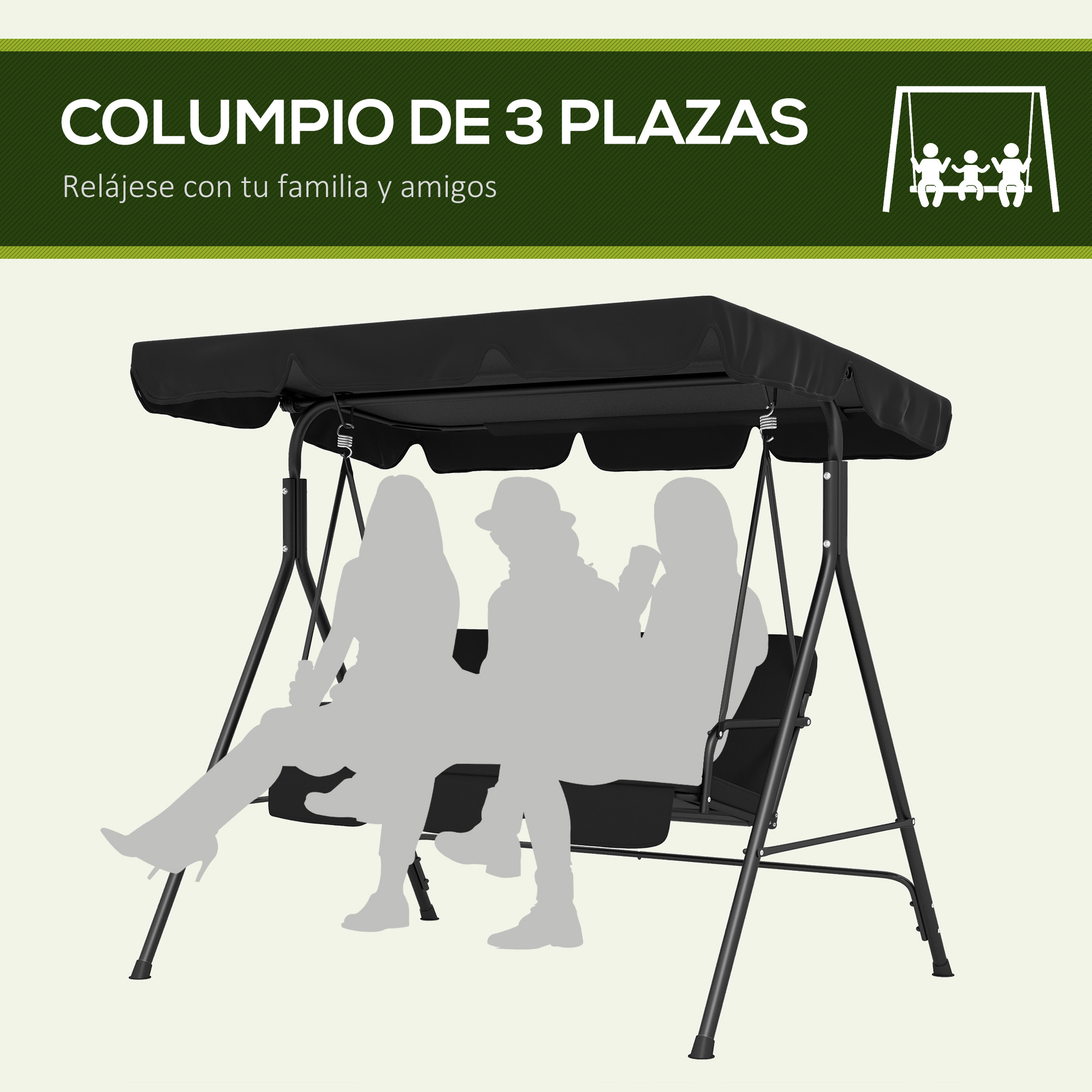 Un columpio negro de 3 plazas con dosel negro y tres siluetas de personas.