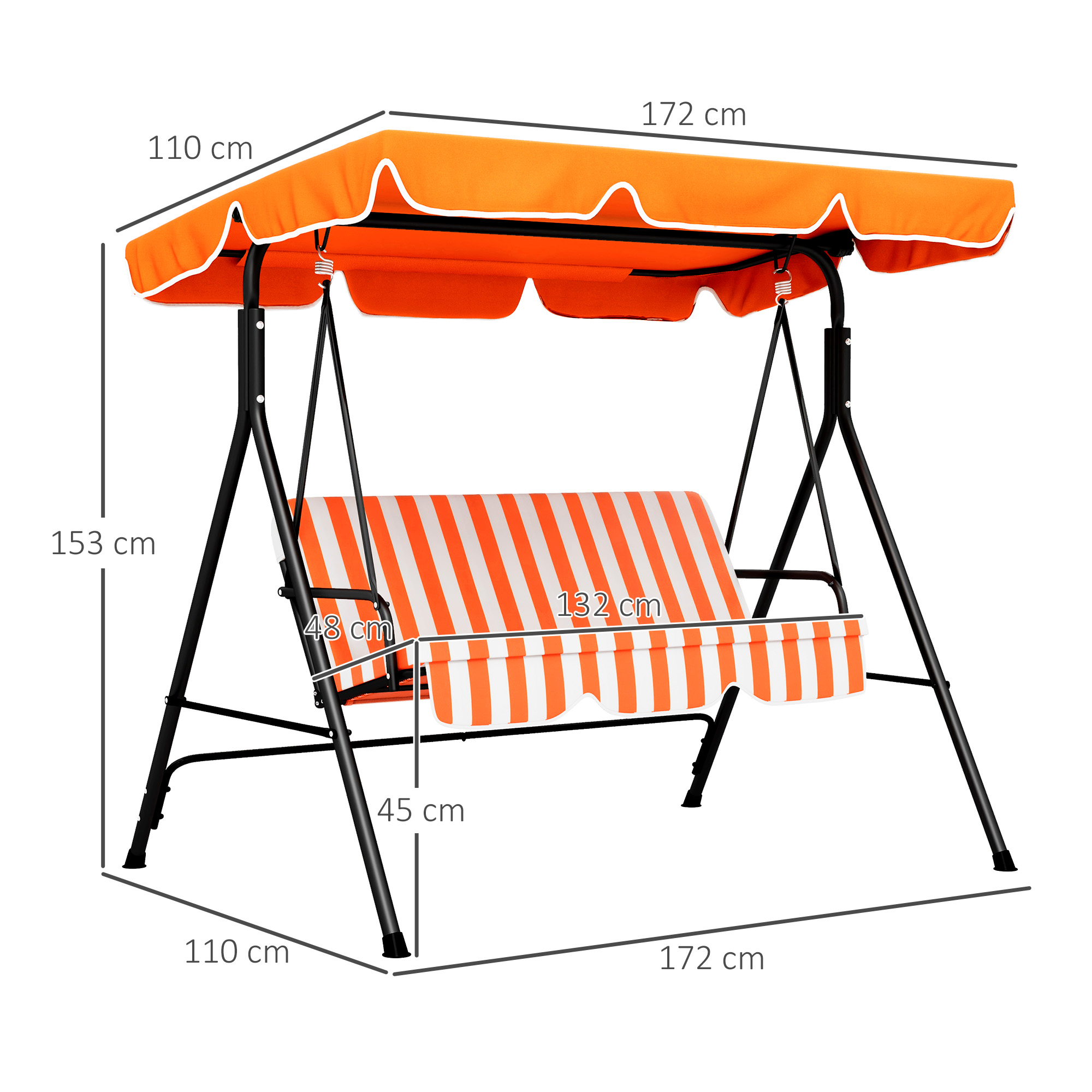 Columpio a rayas naranjas y blancas con dimensiones 172x110x153 cm.
