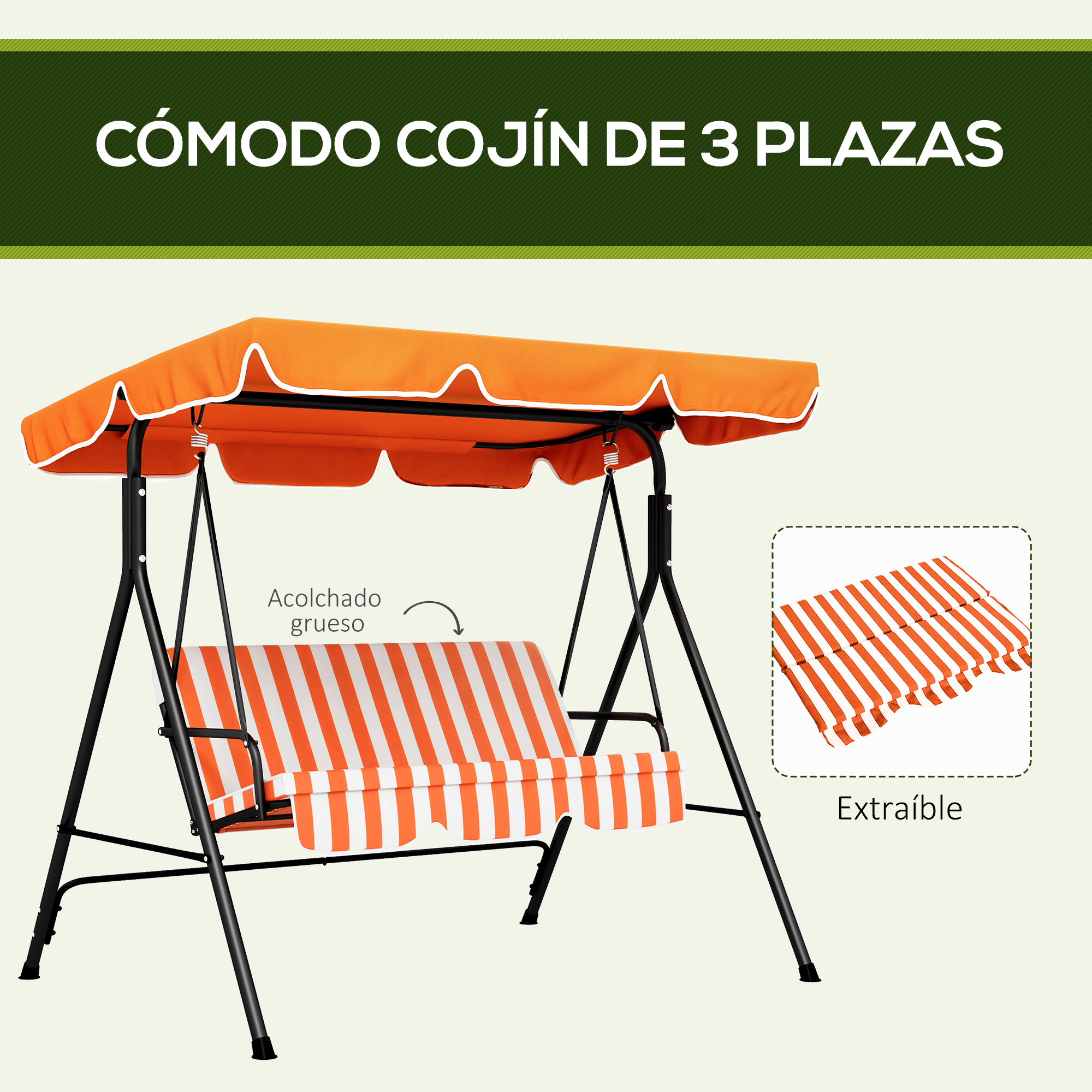 Un asiento de columpio de 3 plazas naranja y blanco con toldo y cojín.