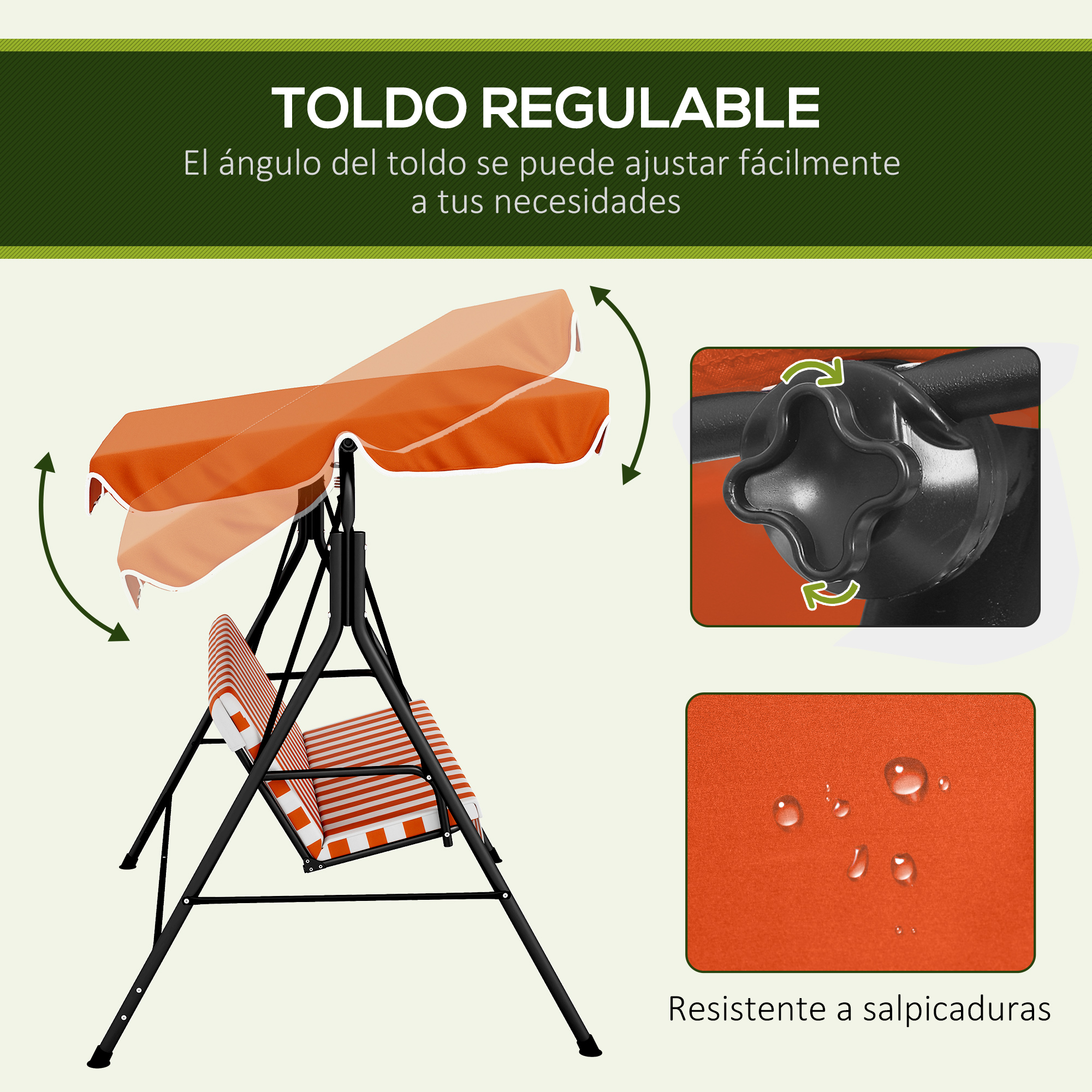 Columpio con toldo ajustable, cojines rayados.