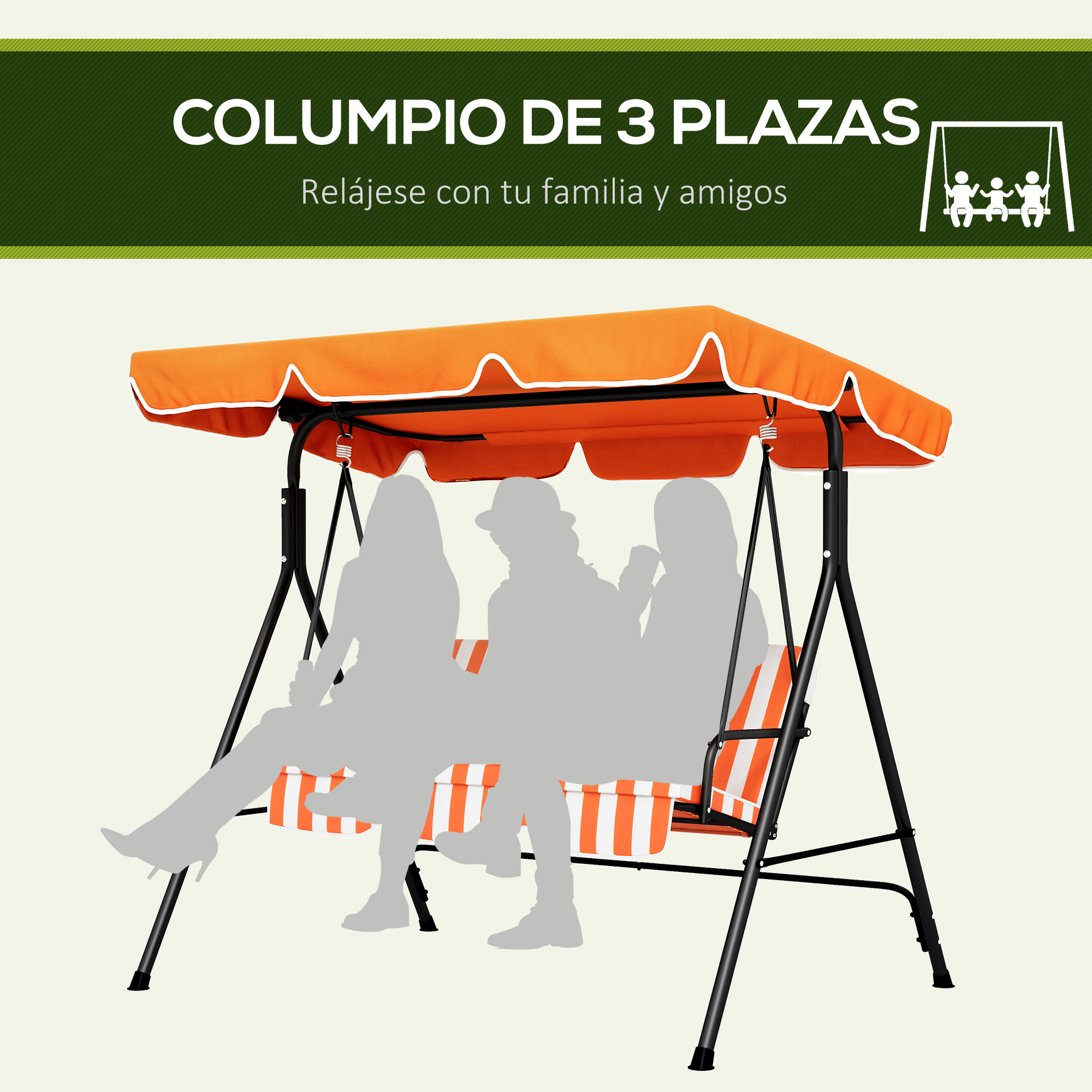 Un columpio de tres plazas en naranja y blanco con marco de metal negro.